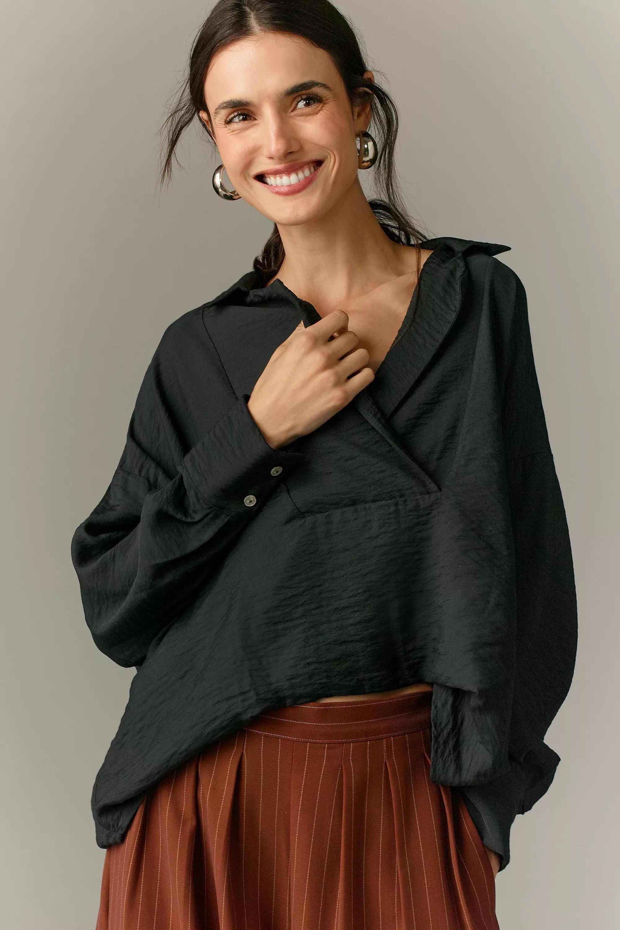 Wide-Placket Popover Top, Black, , large image number 6