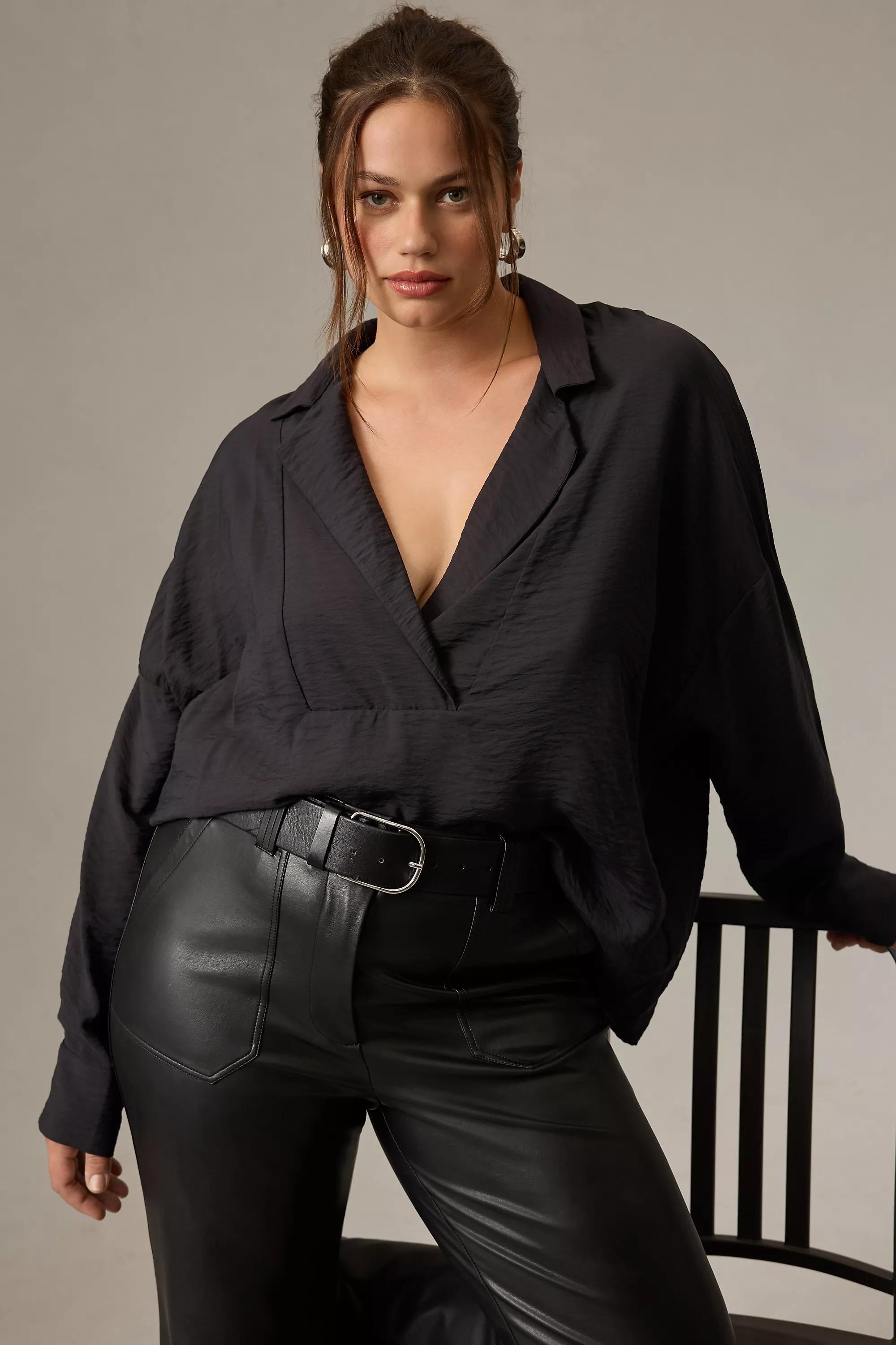 Wide-Placket Popover Top, Black, , large image number 8