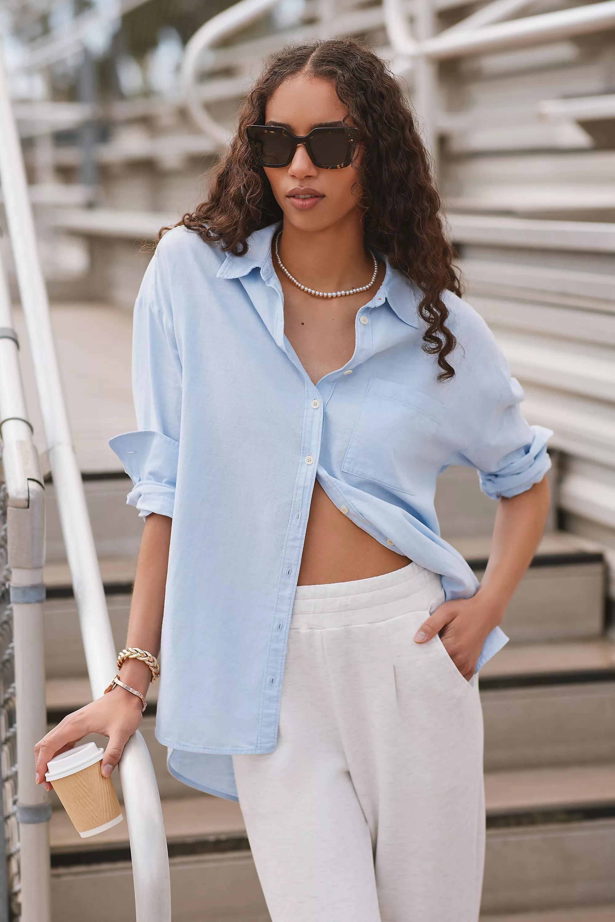 The Bennet Buttondown Shirt By Maeve: Linen Edition, Blue, , large image number 0