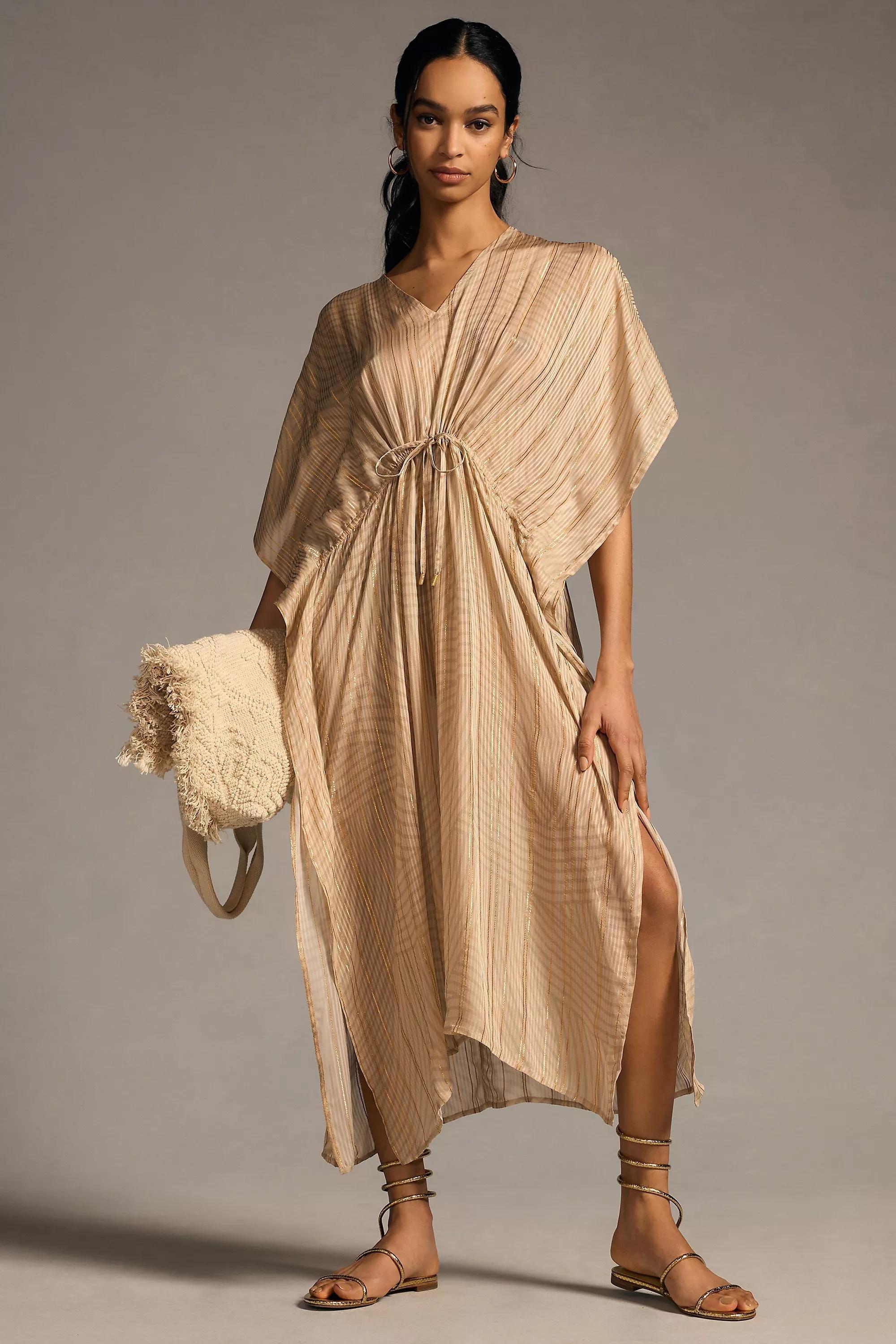 Anthropologie V-Neck Shine Kaftan Midi Dress, Beige