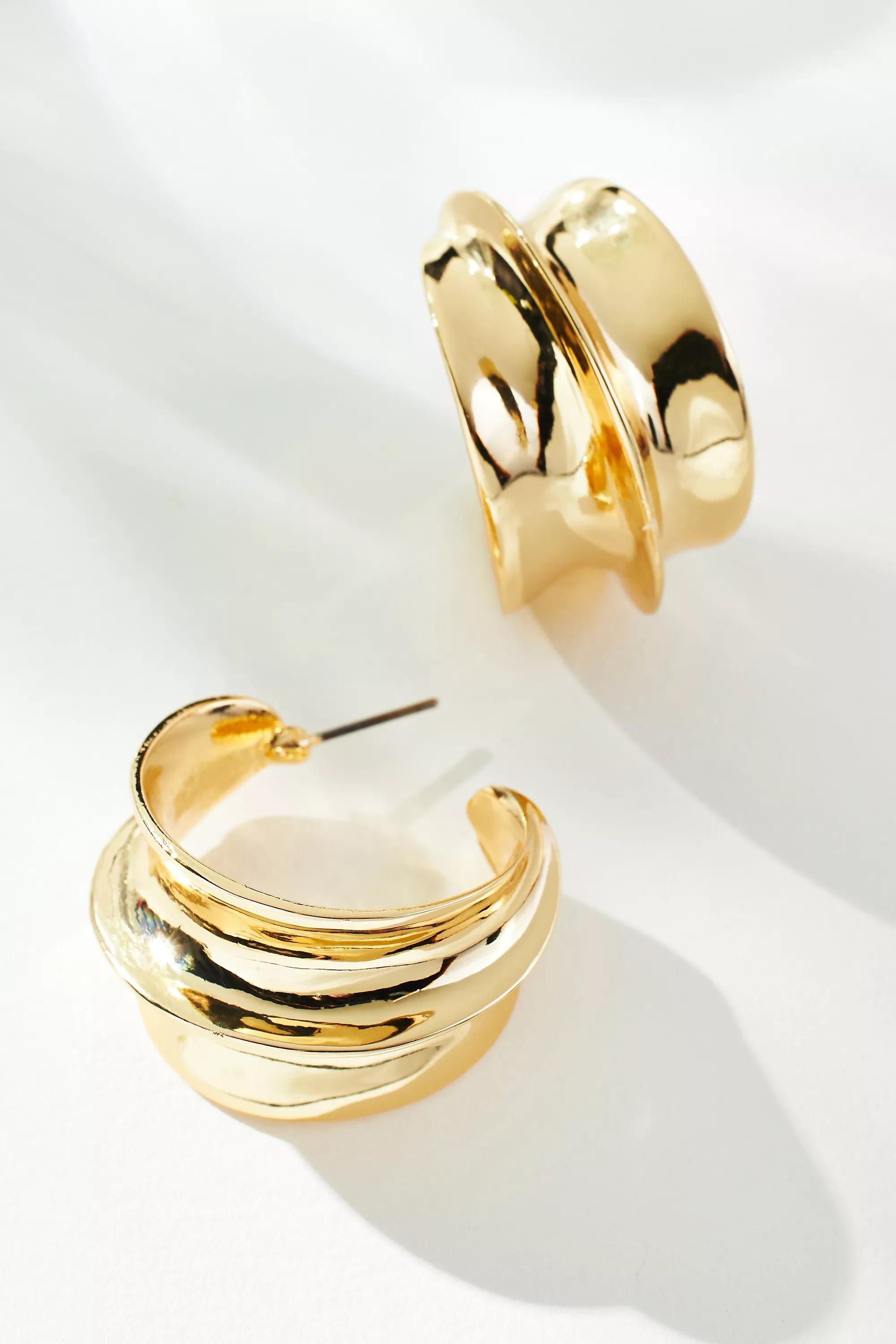 Wavy Wide Hoop Earrings, Gold, , large image number 1