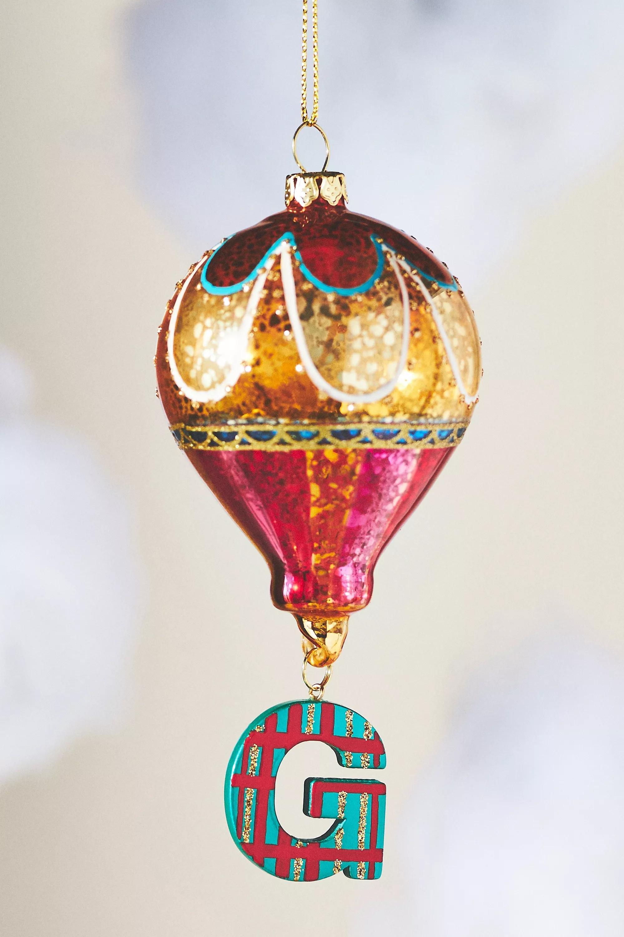 Hot Air Balloon Glass Monogram Ornament, G, A501_0907, large image number 0