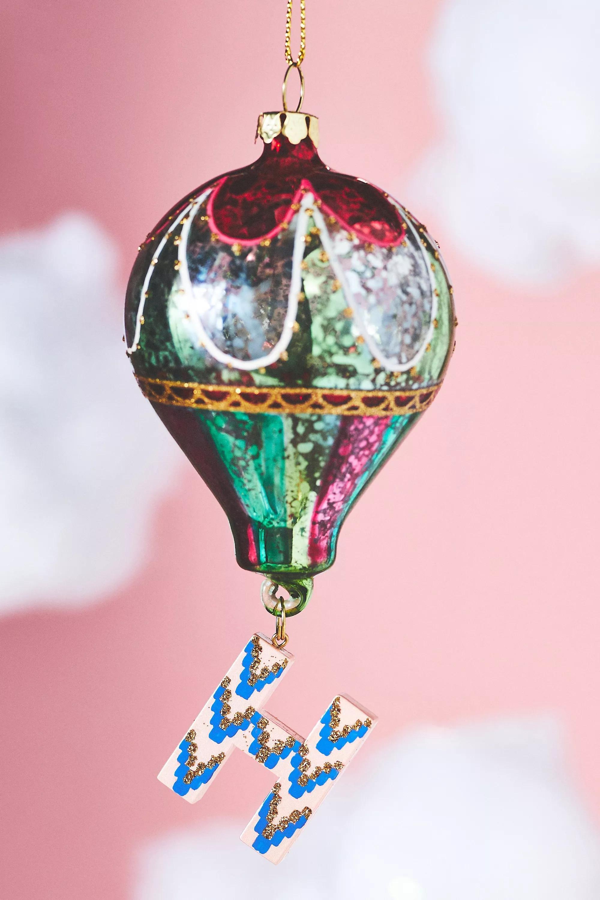 Hot Air Balloon Glass Monogram Ornament, H, A501_0908, large image number 0
