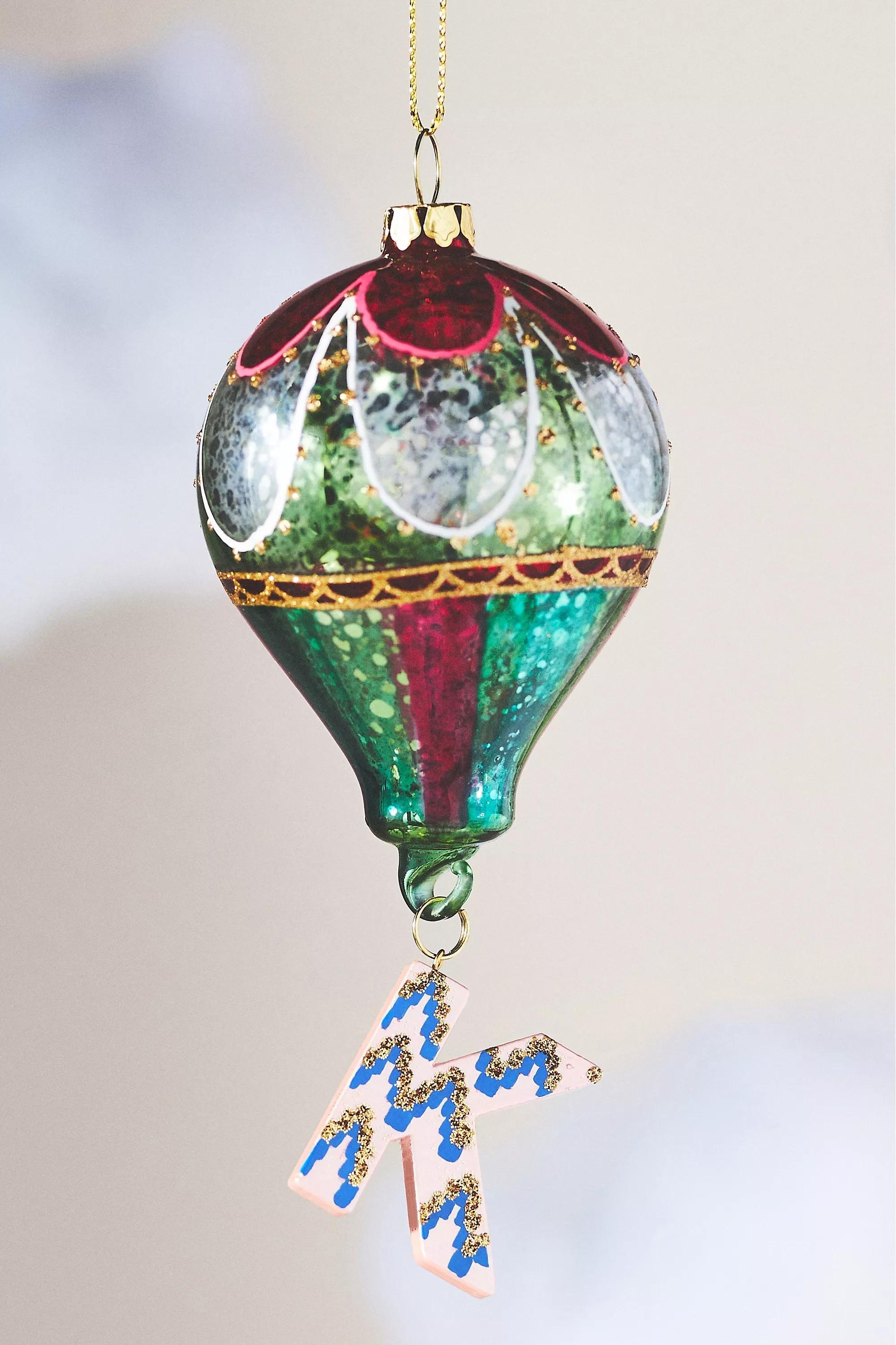 Hot Air Balloon Glass Monogram Ornament, K, A501_0911, large image number 0