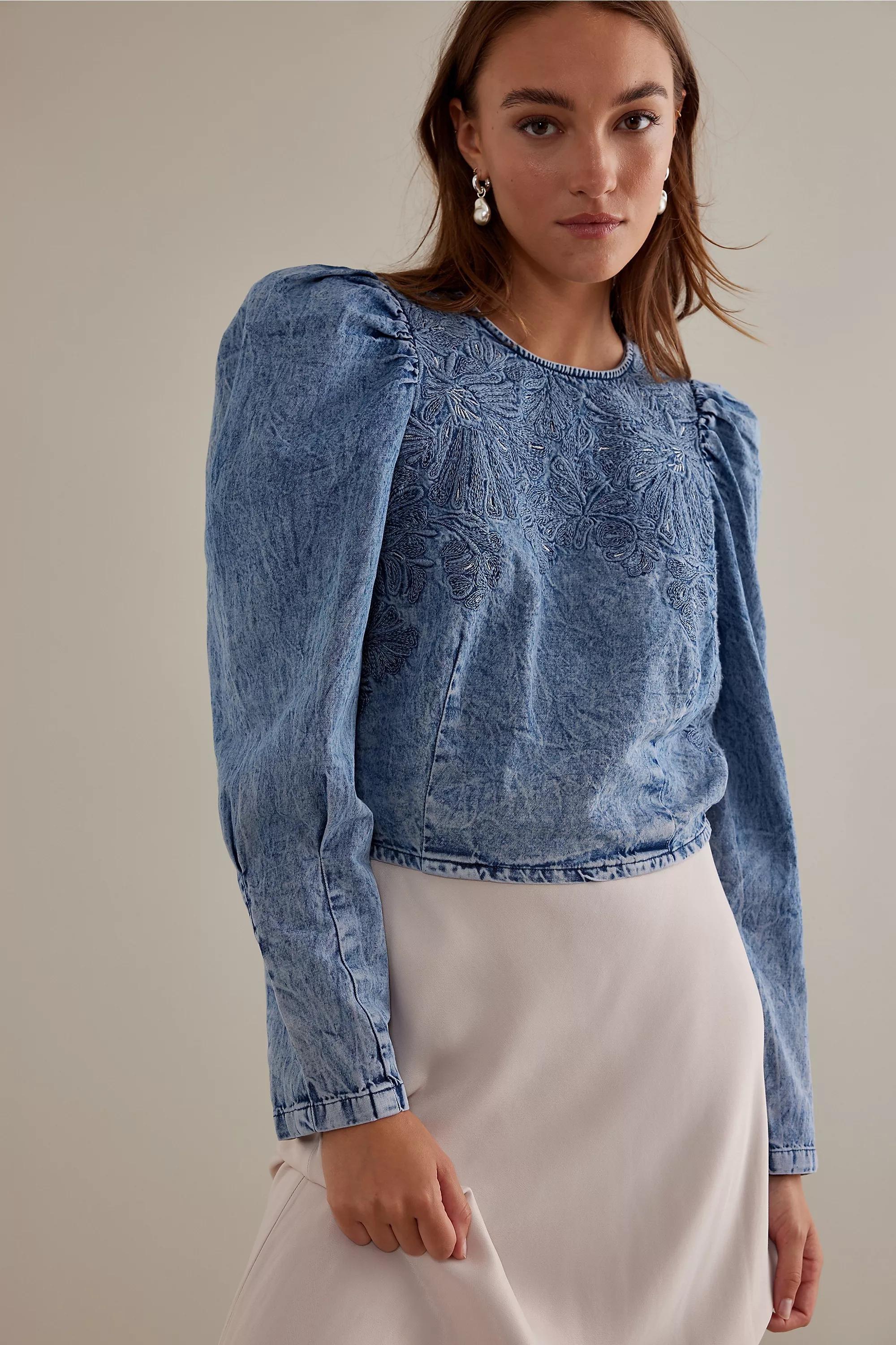 Pilcro Embellished Long-Sleeve Denim Top, Blue, , large image number 0