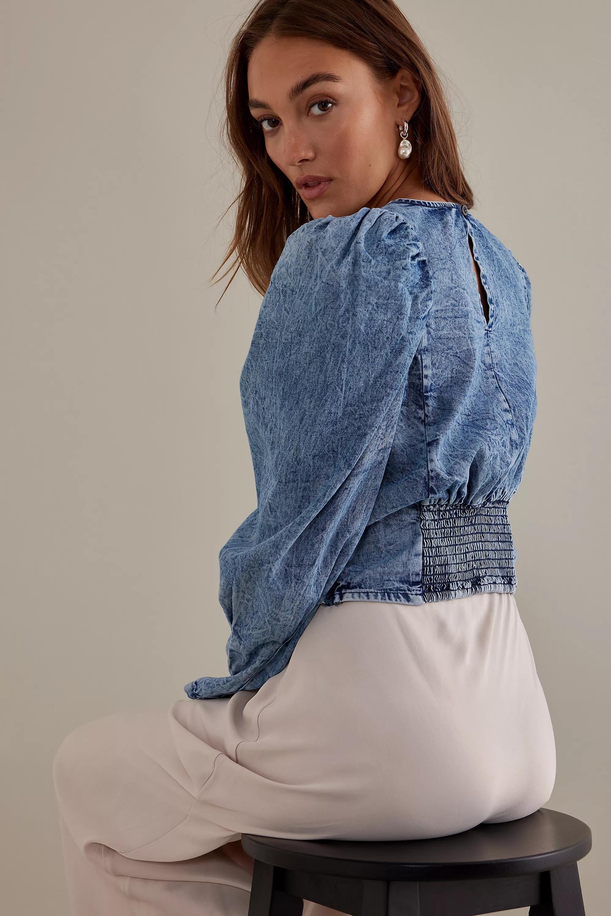 Pilcro Embellished Long-Sleeve Denim Top, Blue, , large image number 1