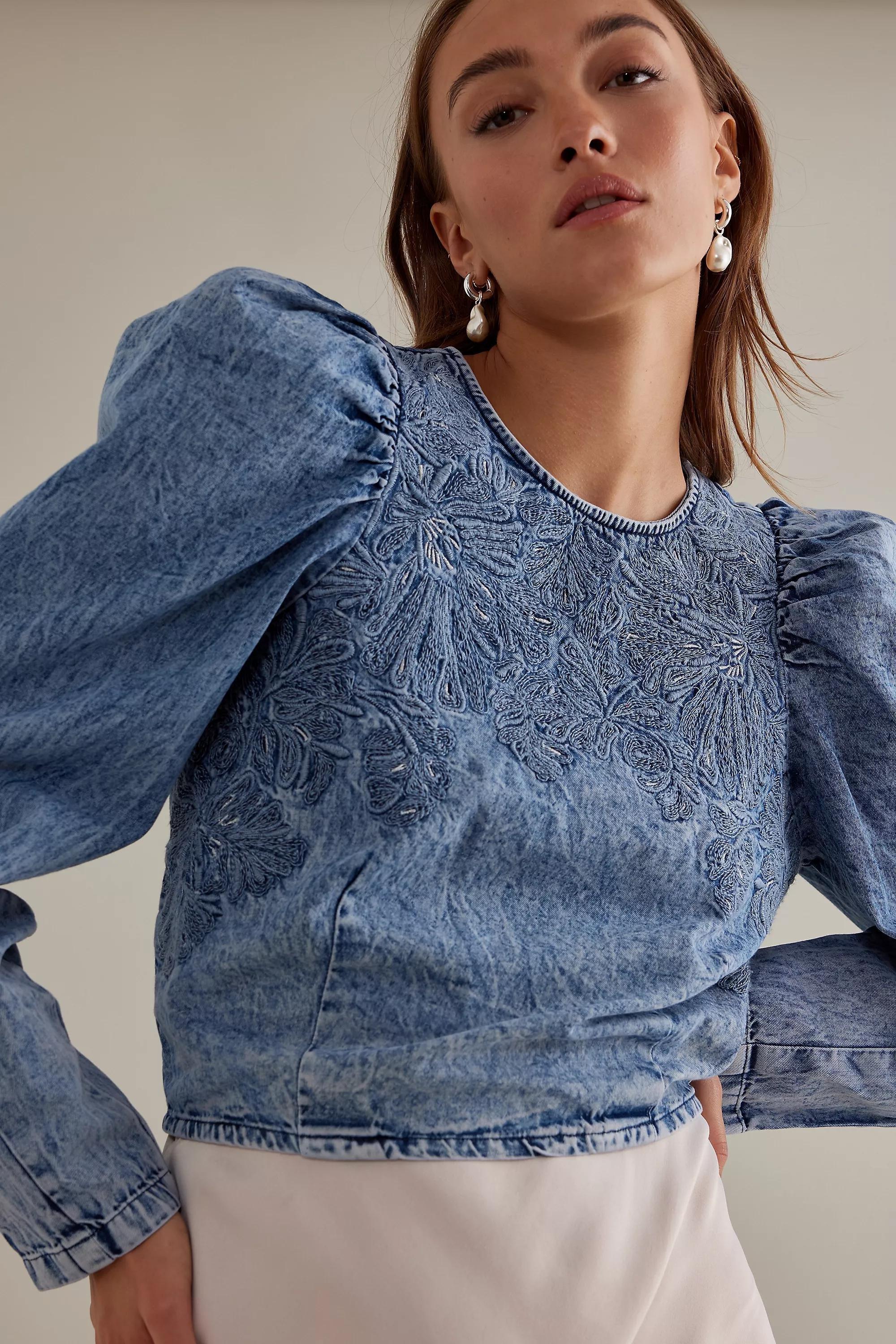 Pilcro Embellished Long-Sleeve Denim Top, Blue, , large image number 2