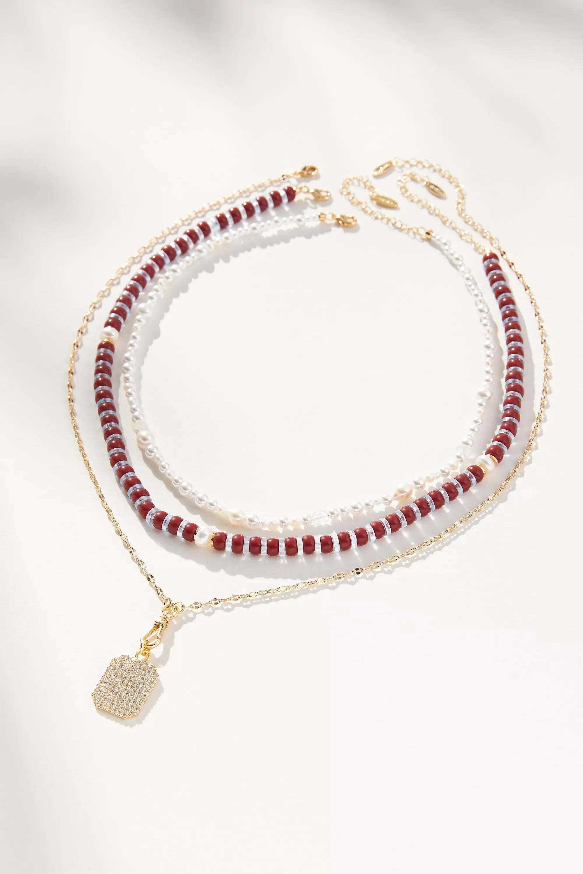 Gold-Plated Pendant Beaded Necklaces, Set Of 3, Burgundy, A501_0061, large image number 0