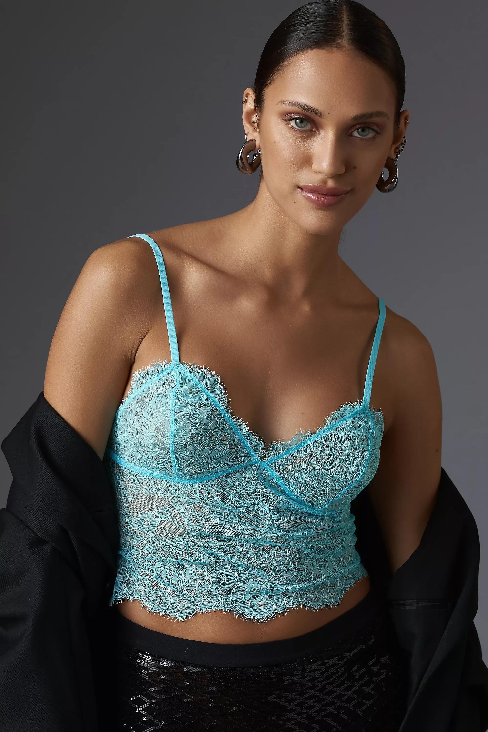 V-Neck Sheer Lace Longline Bralette, Blue, , large image number 0