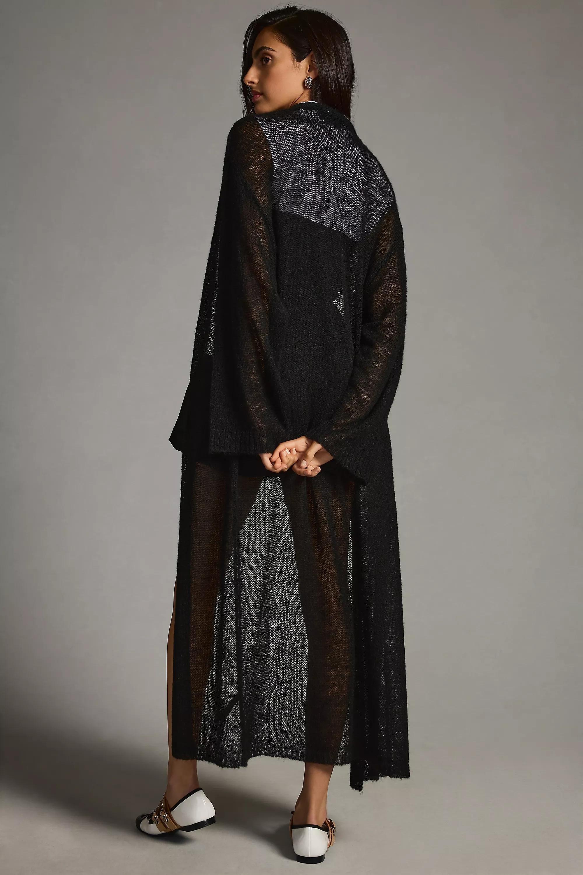 Lightweight Knitted Long-Sleeve Duster Cardigan, Black, , large image number 1