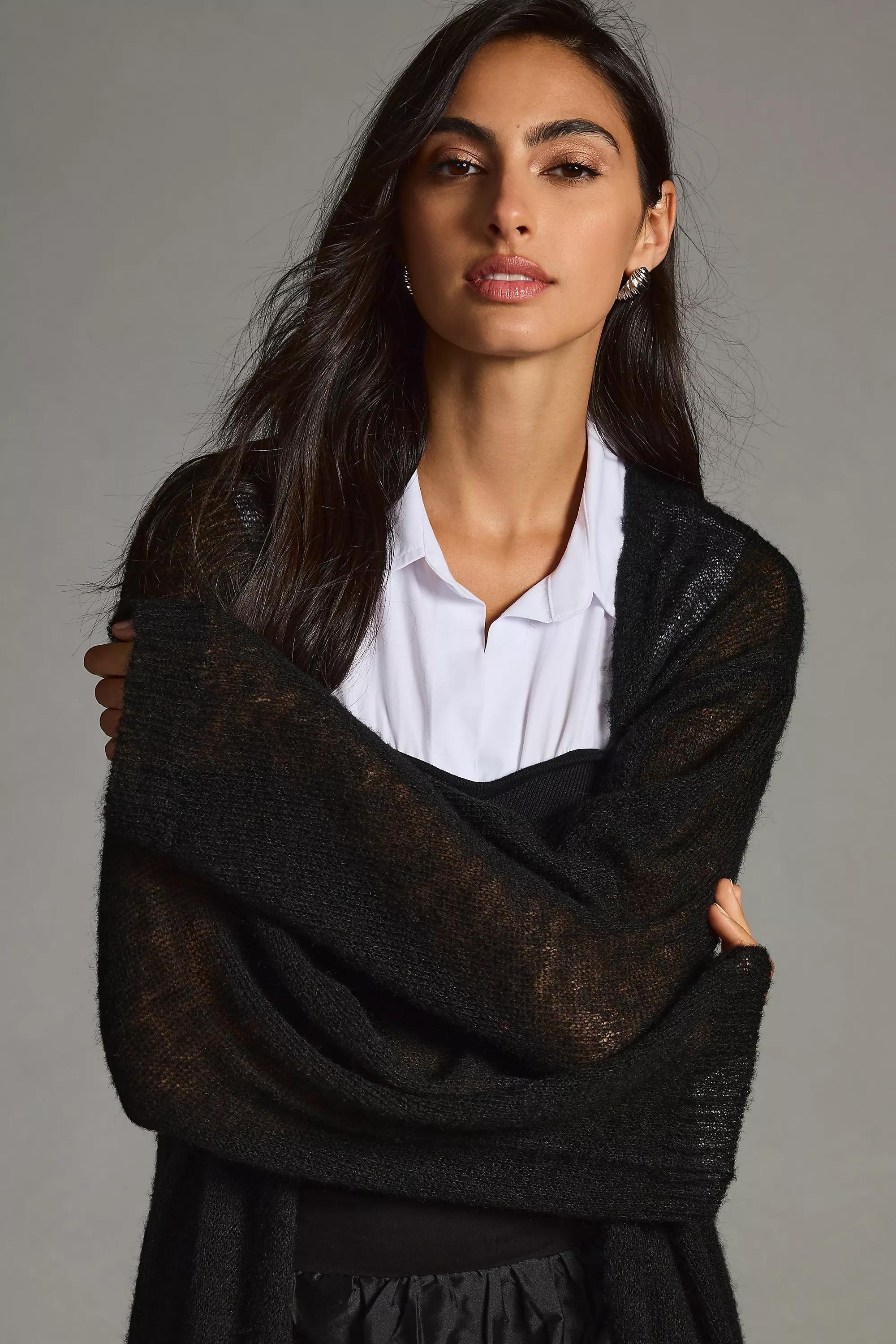 Lightweight Knitted Long-Sleeve Duster Cardigan, Black, , large image number 4