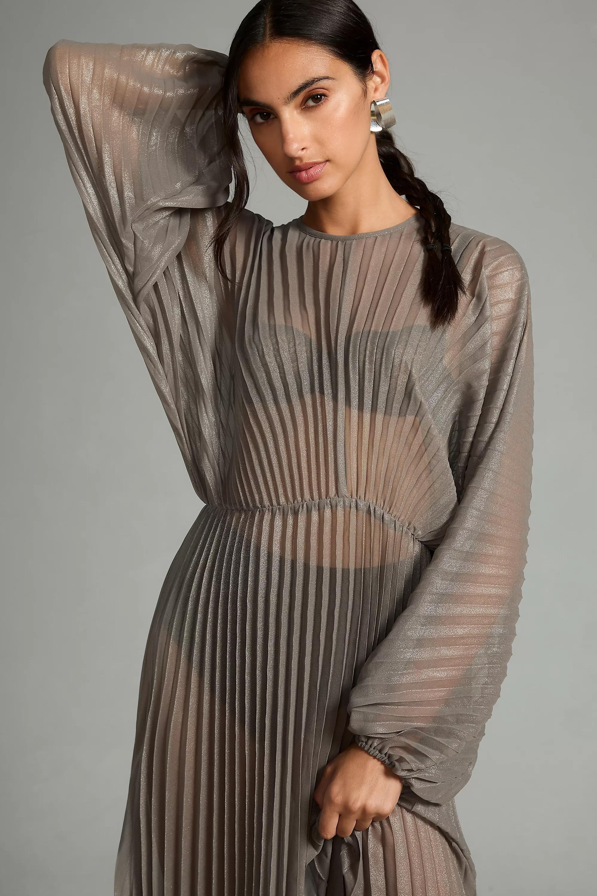Sheer Pleated Kaftan, Grey, A501_0004, large image number 0