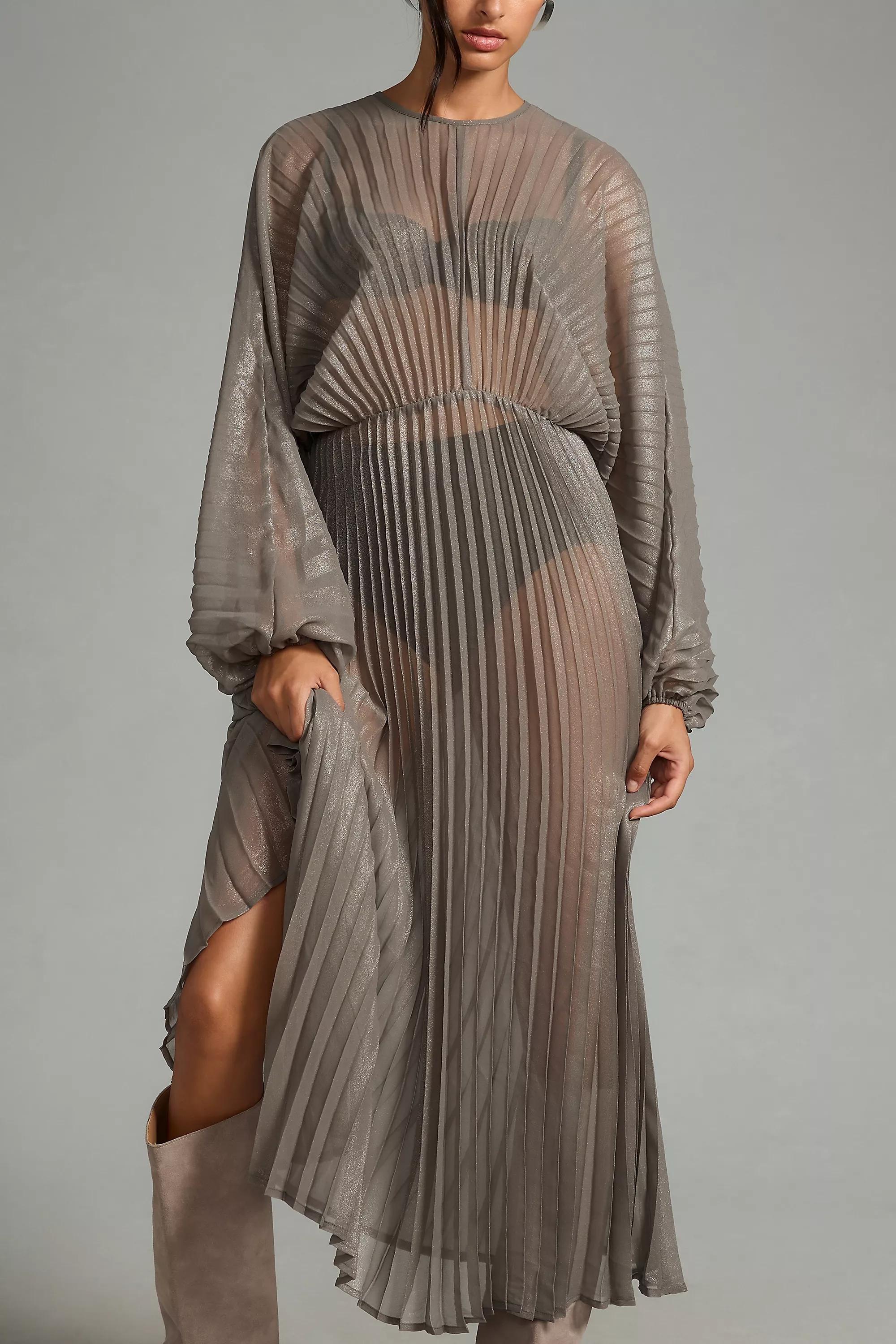 Sheer Pleated Kaftan, Grey, A501_0004, large image number 4