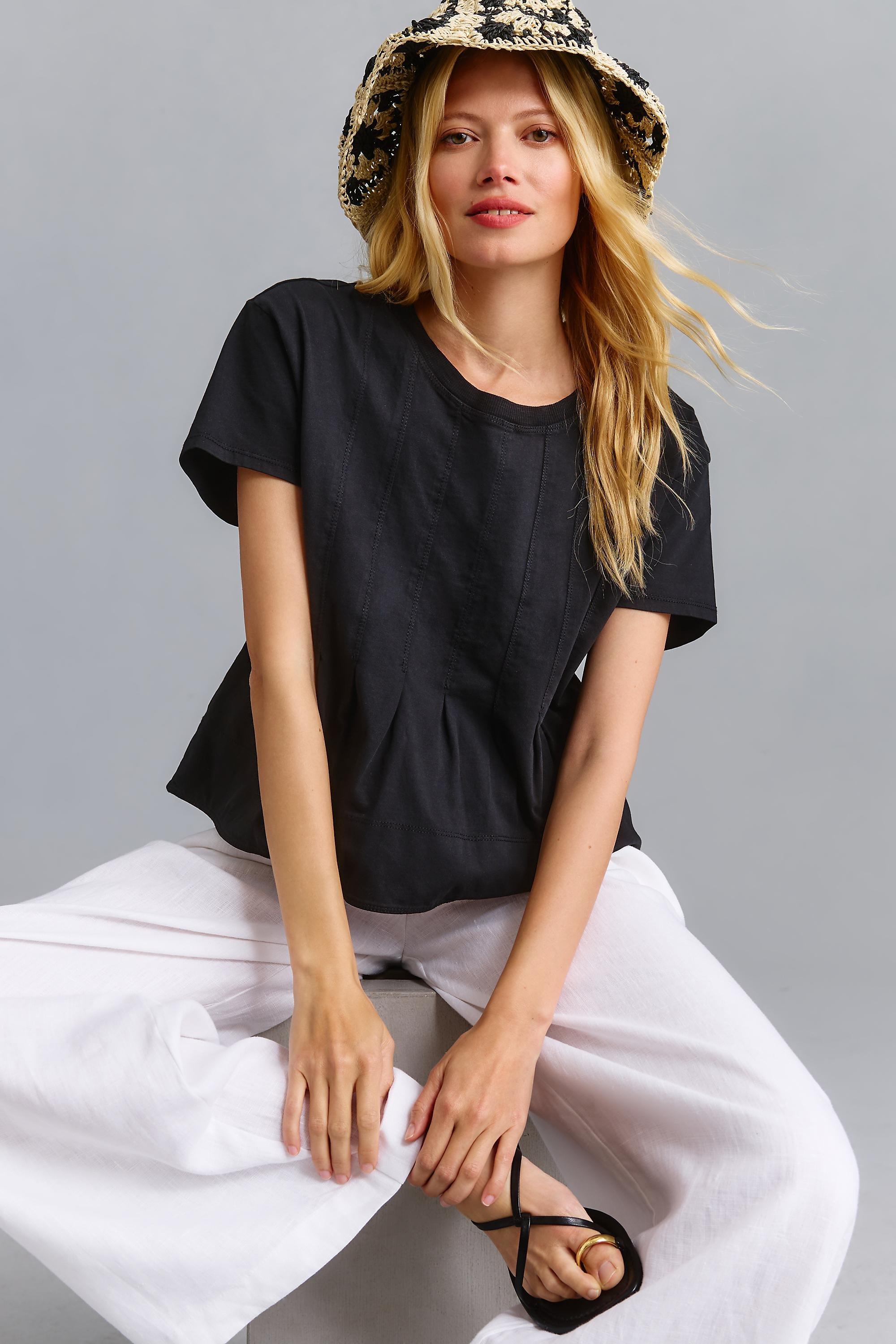 Pilcro Pleated Swing Cotton T-Shirt, Black, , large image number 0