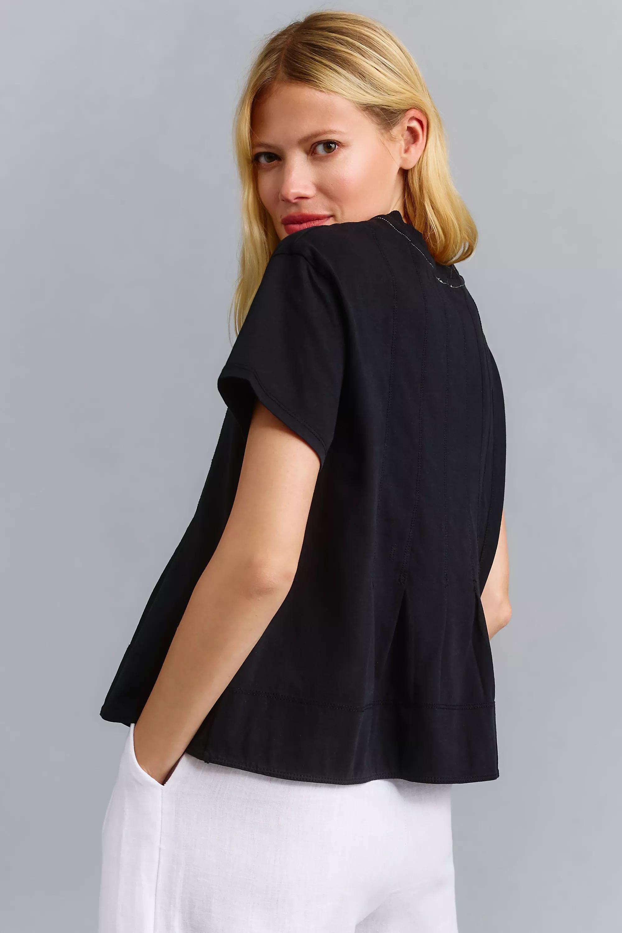 Pilcro Pleated Swing Cotton T-Shirt, Black, , large image number 3