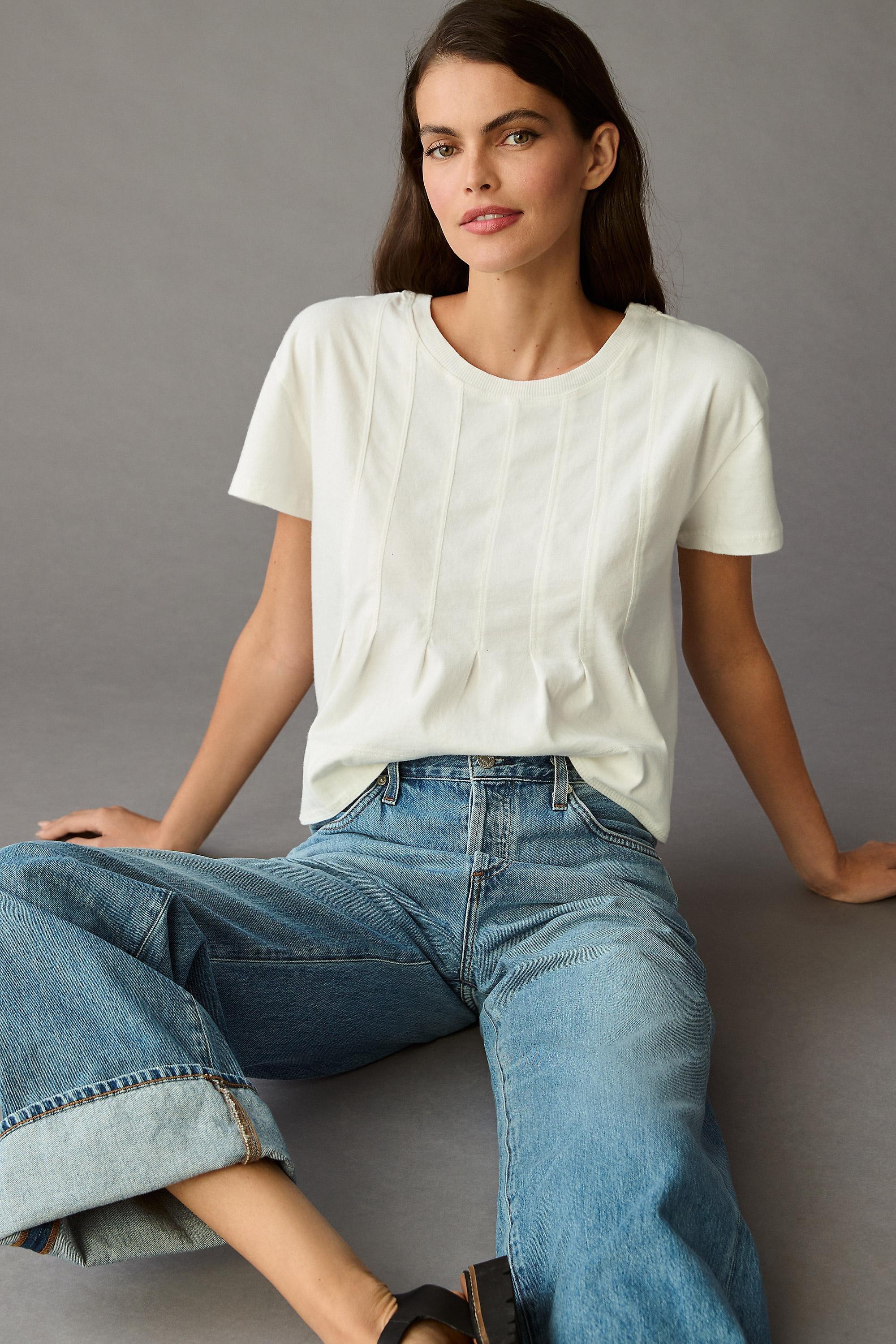 Pilcro Pleated Swing Cotton T-Shirt, White, , large image number 0