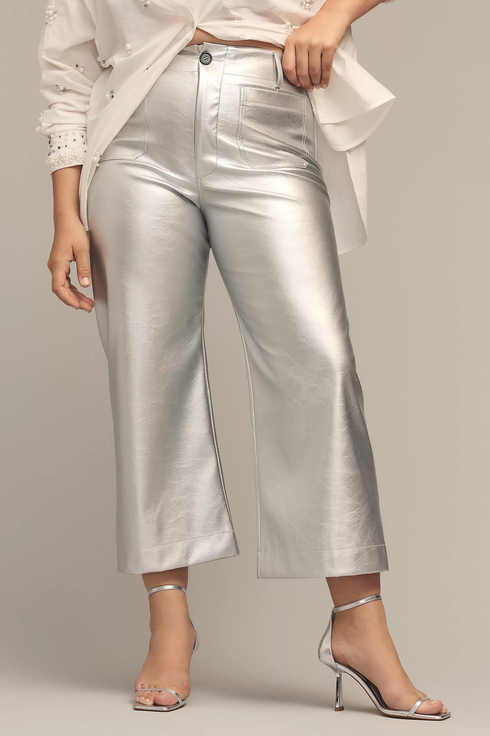 Anthropologie - Maeve Cropped Wide-Leg Faux Leather Pants, Silver
