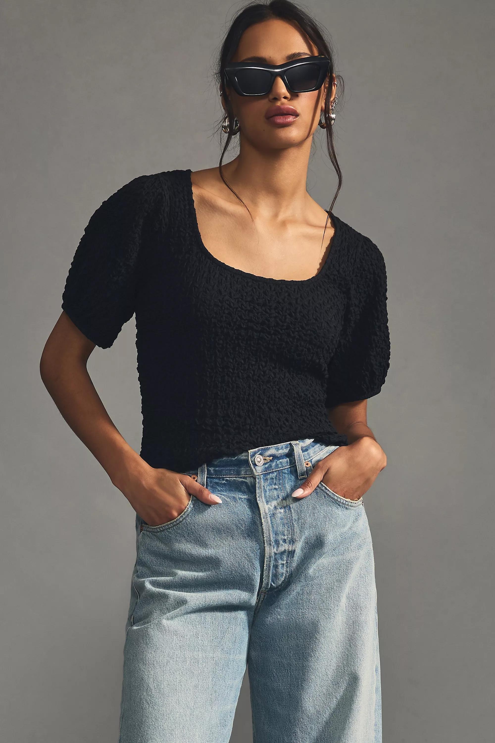 Lea & Viola Puff Short-Sleeve Textured Top, Black, , large image number 1