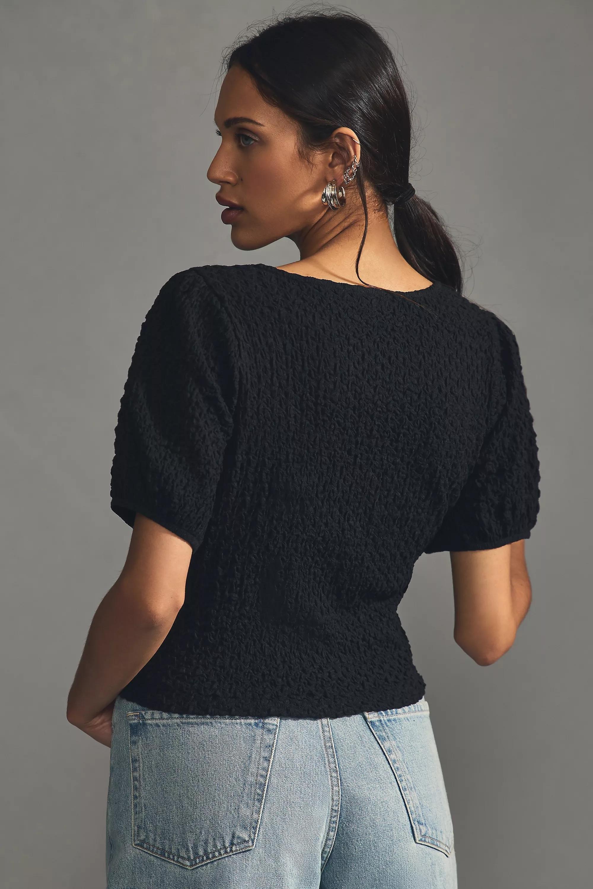 Lea & Viola Puff Short-Sleeve Textured Top, Black, , large image number 2