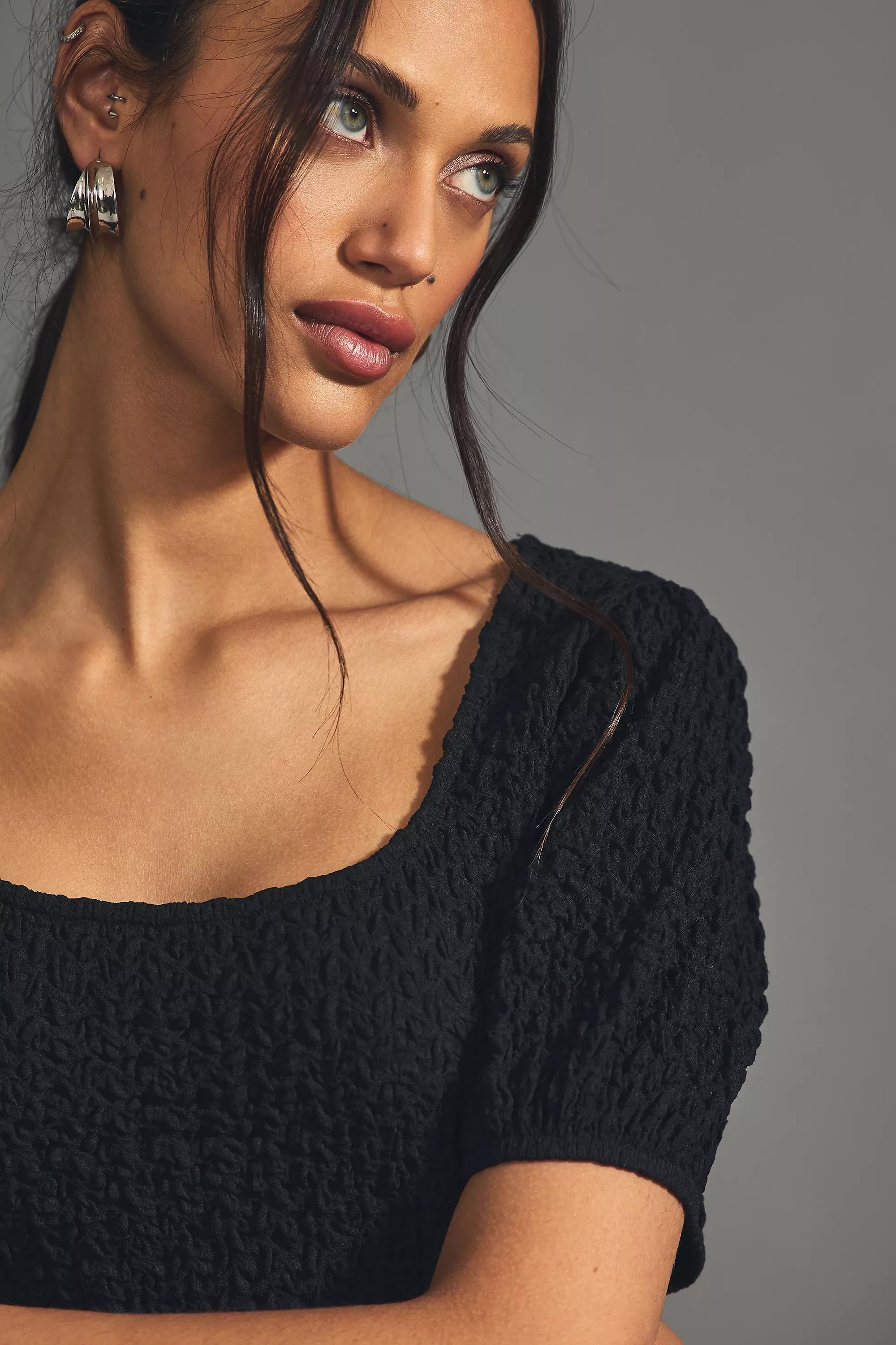 Lea & Viola Puff Short-Sleeve Textured Top, Black, , large image number 4