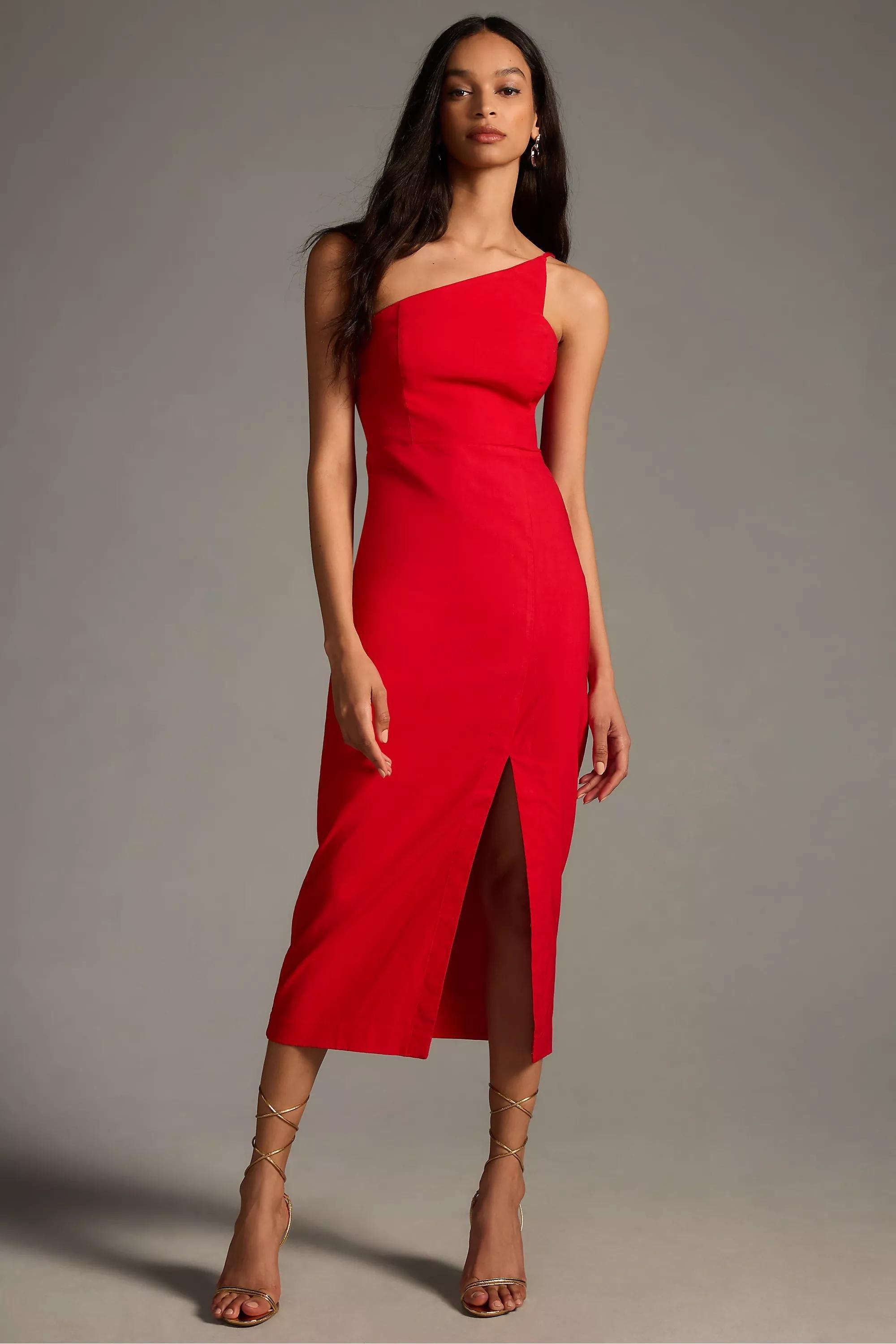 One-Shoulder Slim Midi Dress, Red, , large image number 0