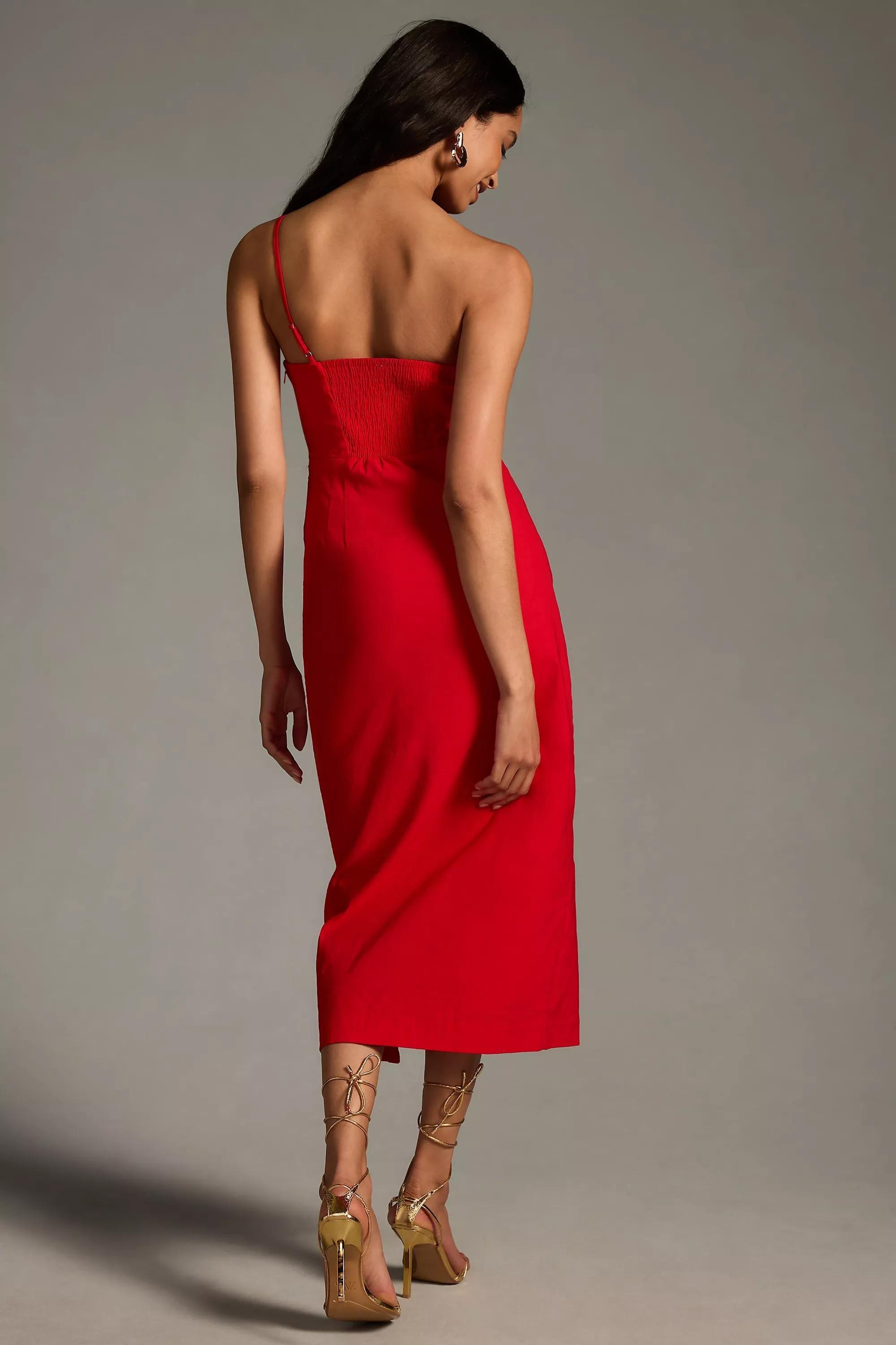 One-Shoulder Slim Midi Dress, Red, , large image number 1