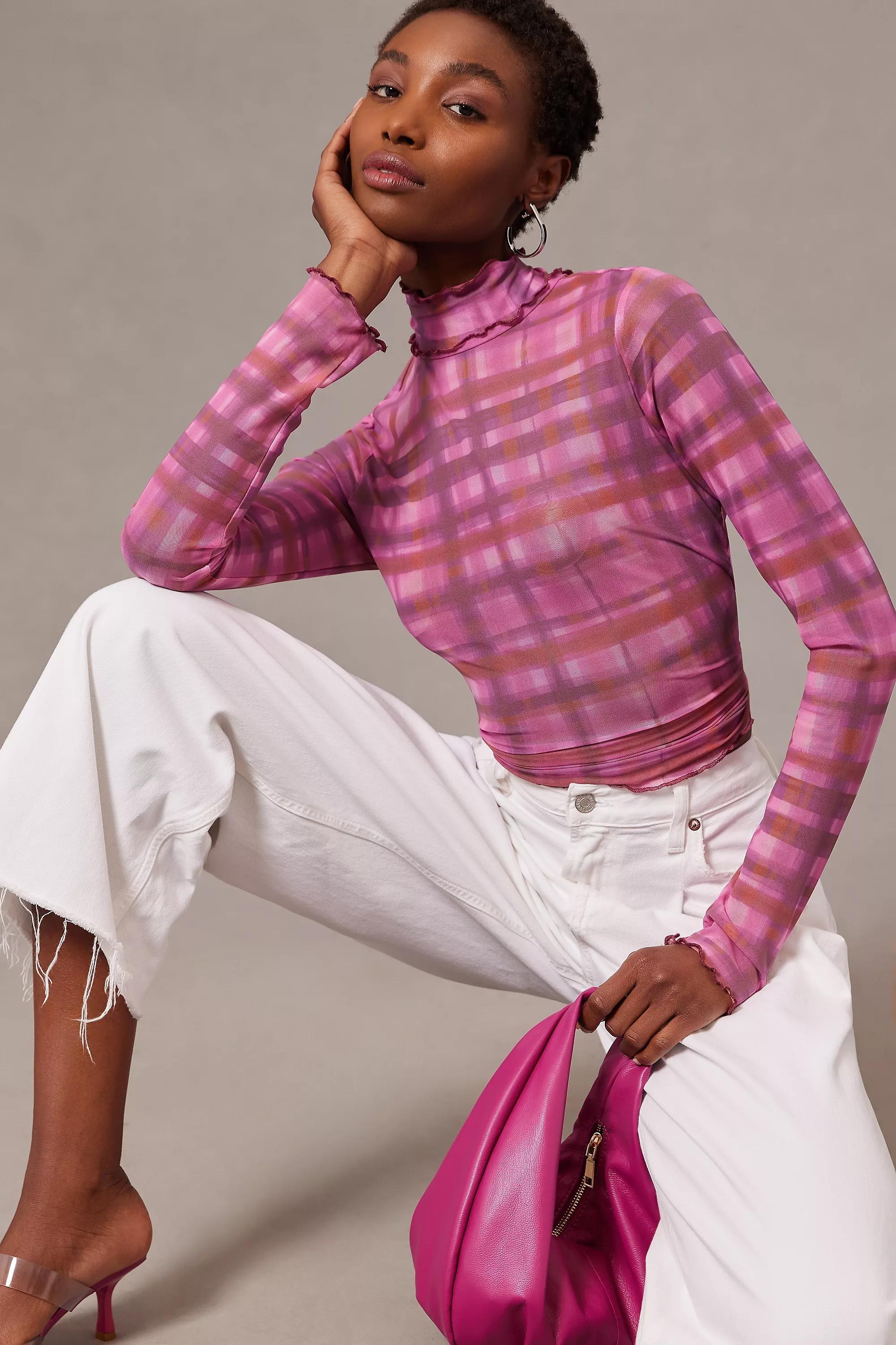 Pilcro Combo Plaid Turtleneck Top, Pink, A501_0266, large image number 1