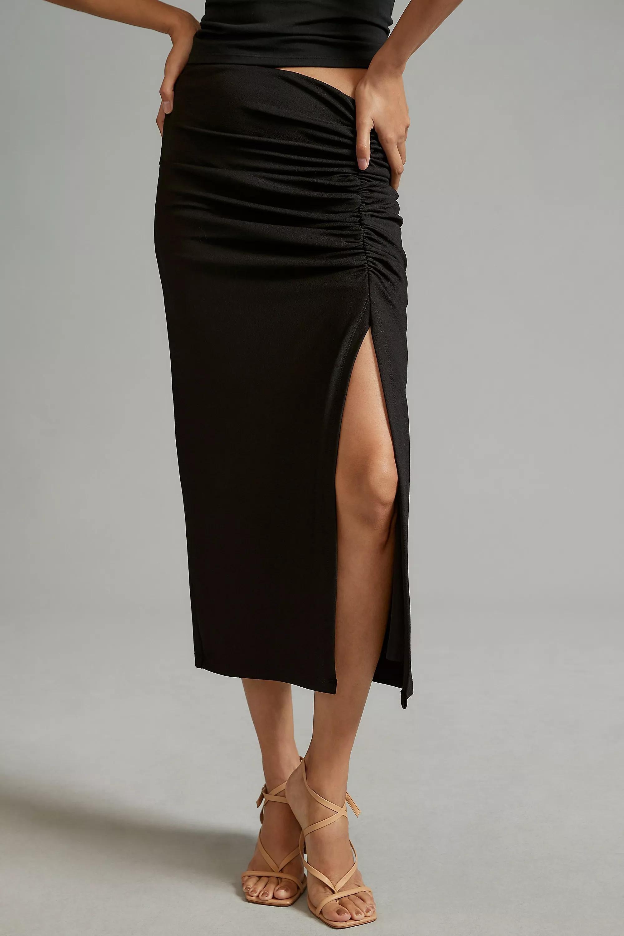 The Maya Ruched Side-Slit Midi Skirt, Black, , large image number 3