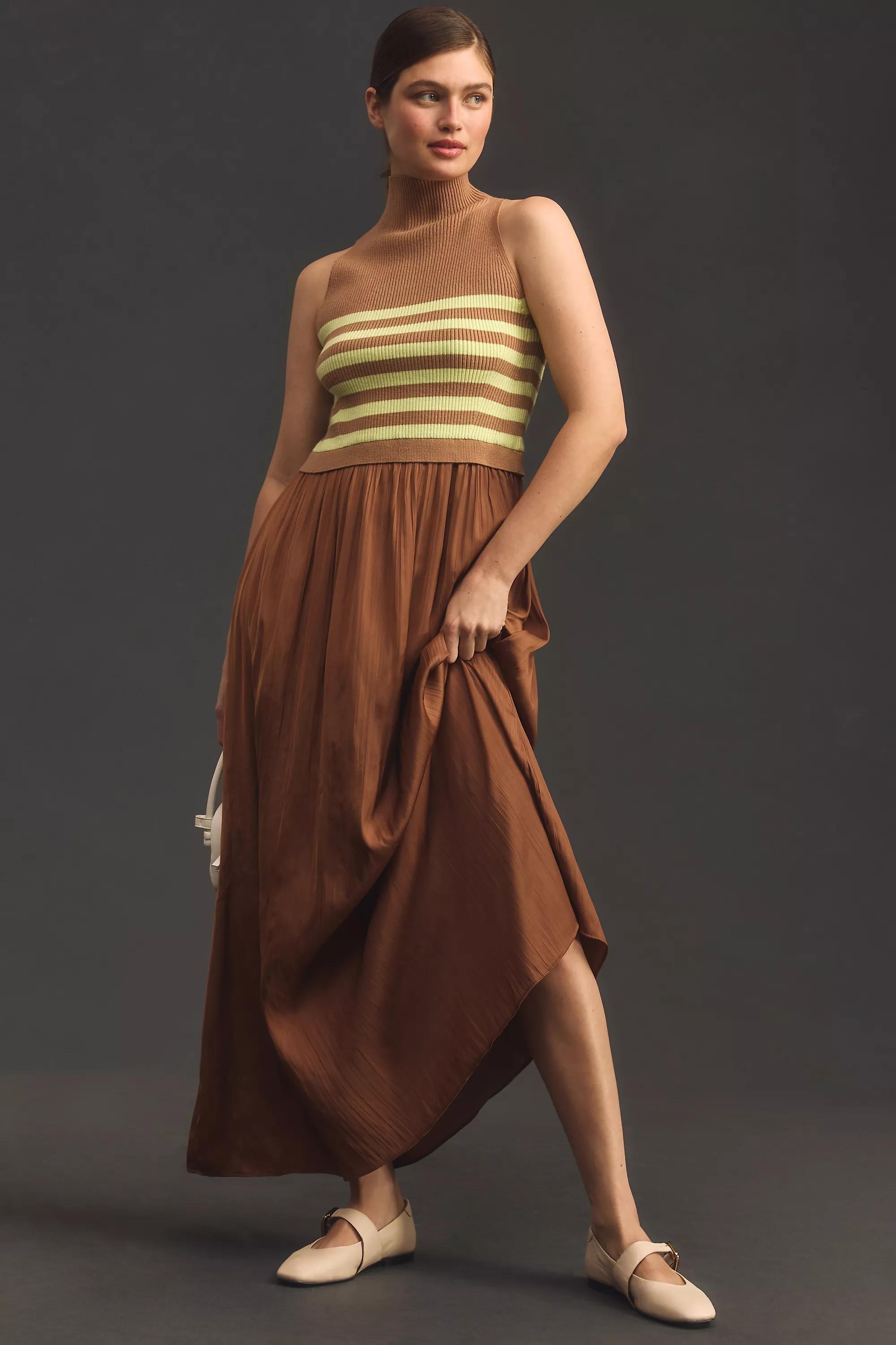 Twofer Mock-Neck Knit Vest Maxi Dress, Brown, , large image number 0