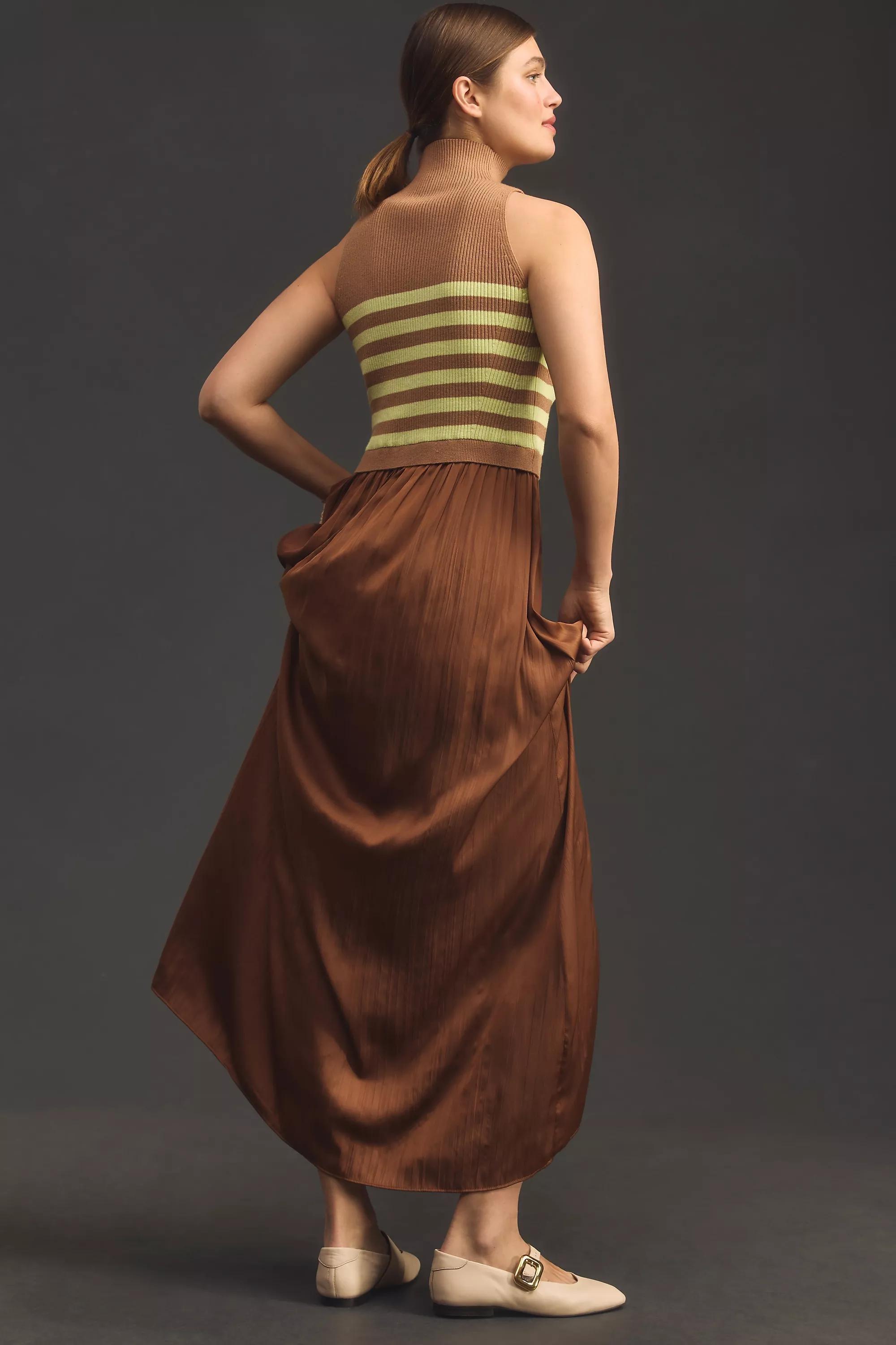 Twofer Mock-Neck Knit Vest Maxi Dress, Brown, , large image number 1