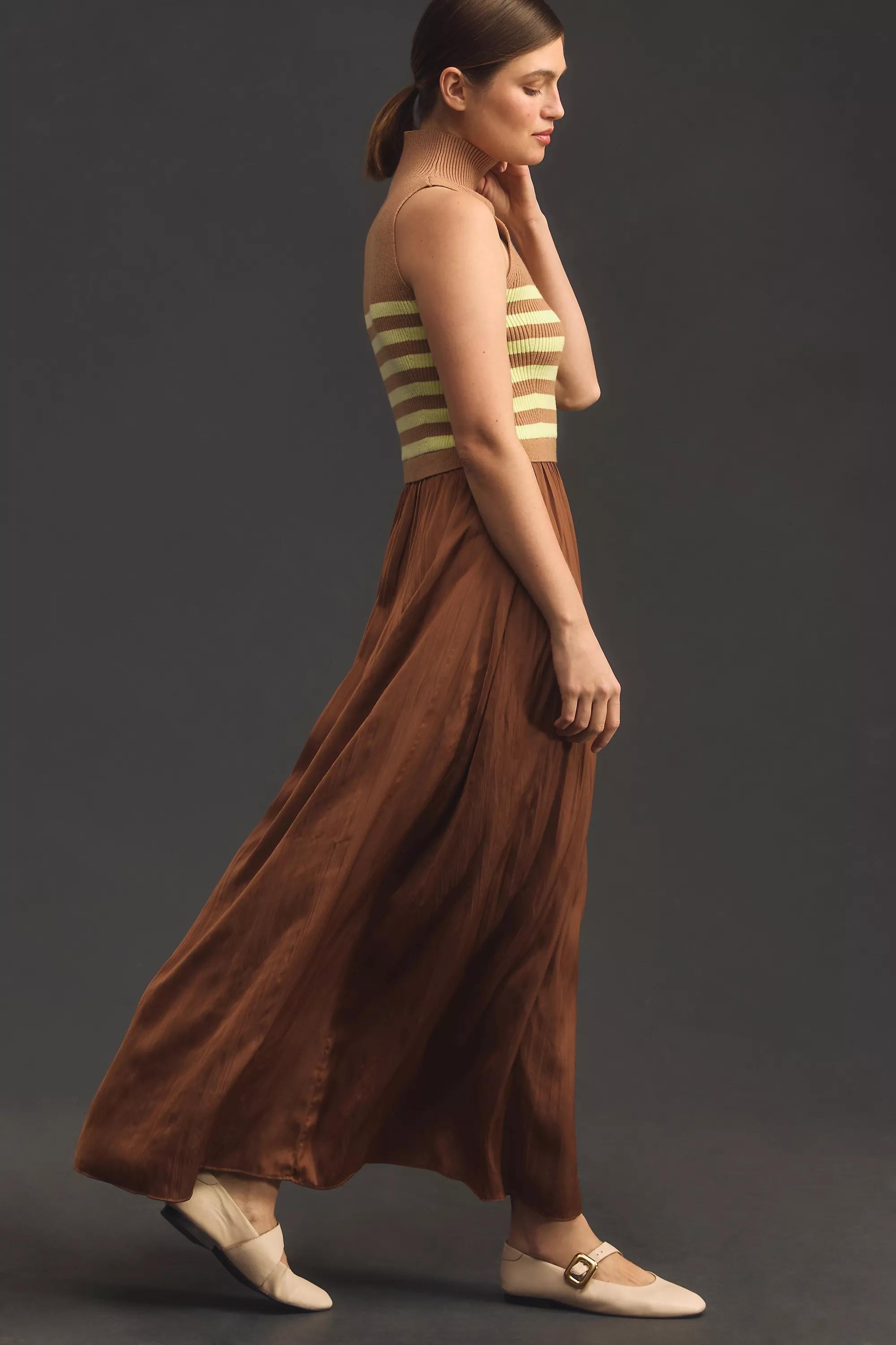Twofer Mock-Neck Knit Vest Maxi Dress, Brown, , large image number 3
