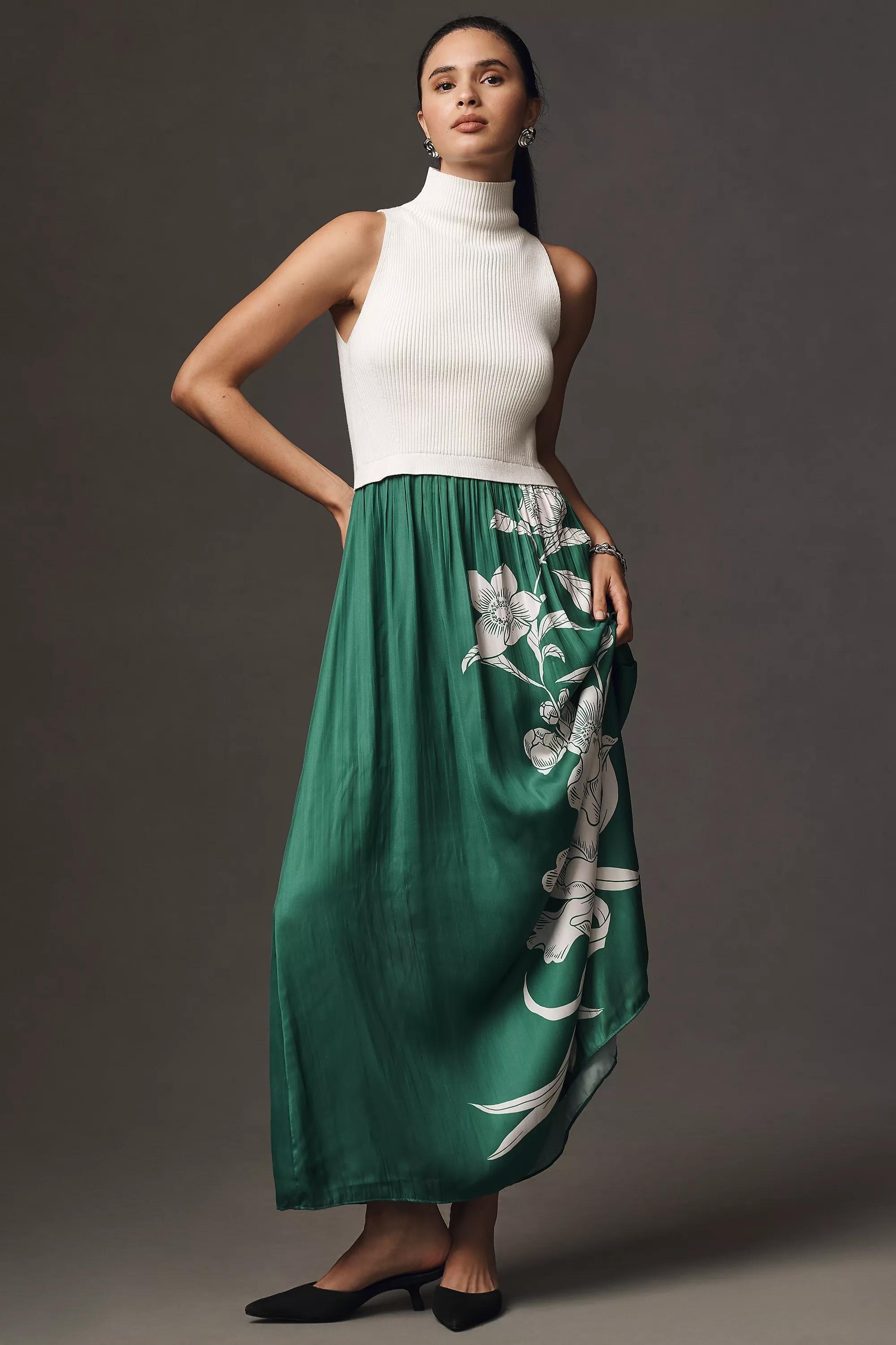 Anthropologie Floral Milkmaid Midi Dress, Green, , large image number 0