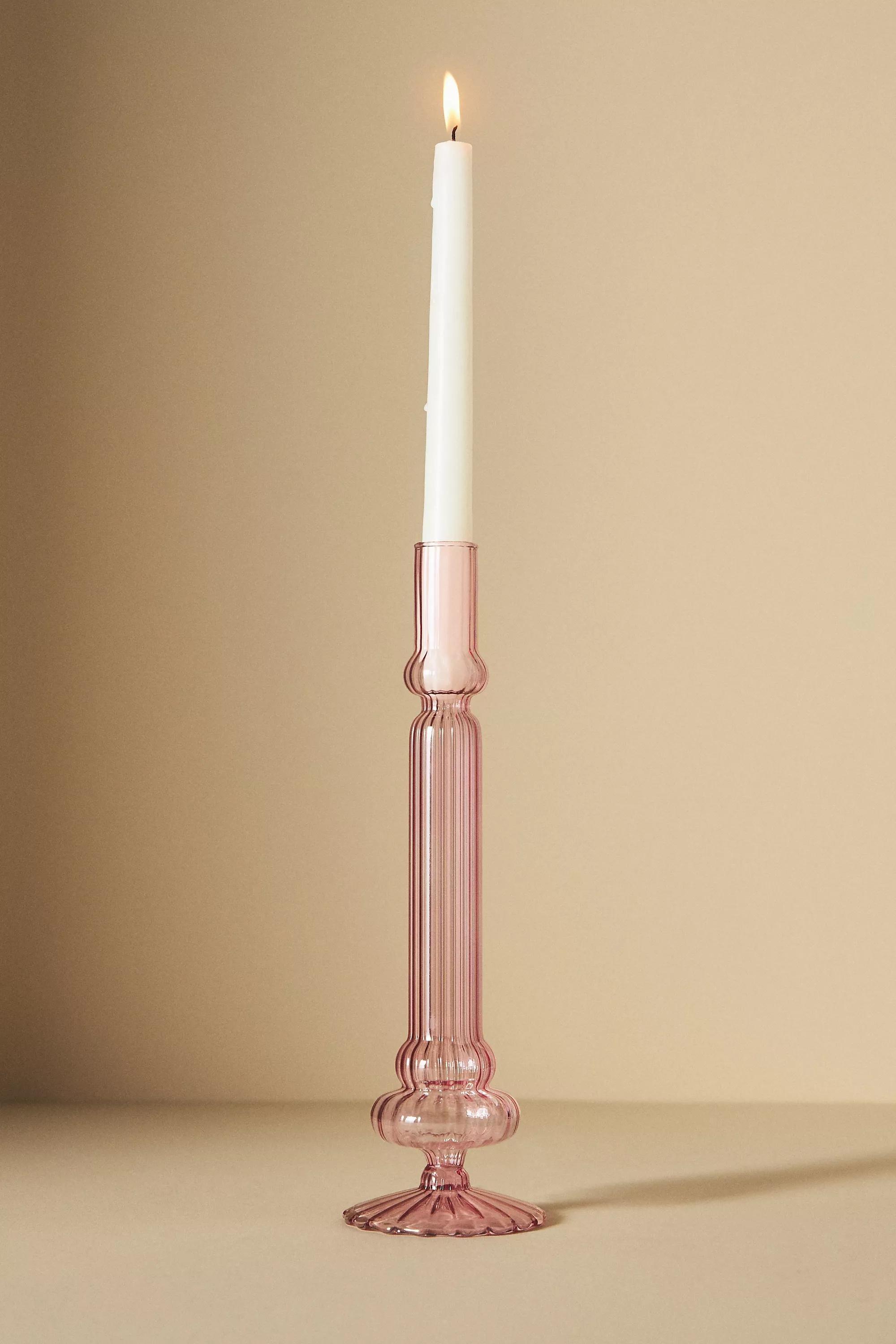 Ribbed Glass Candle Holder, Pink, , large image number 1