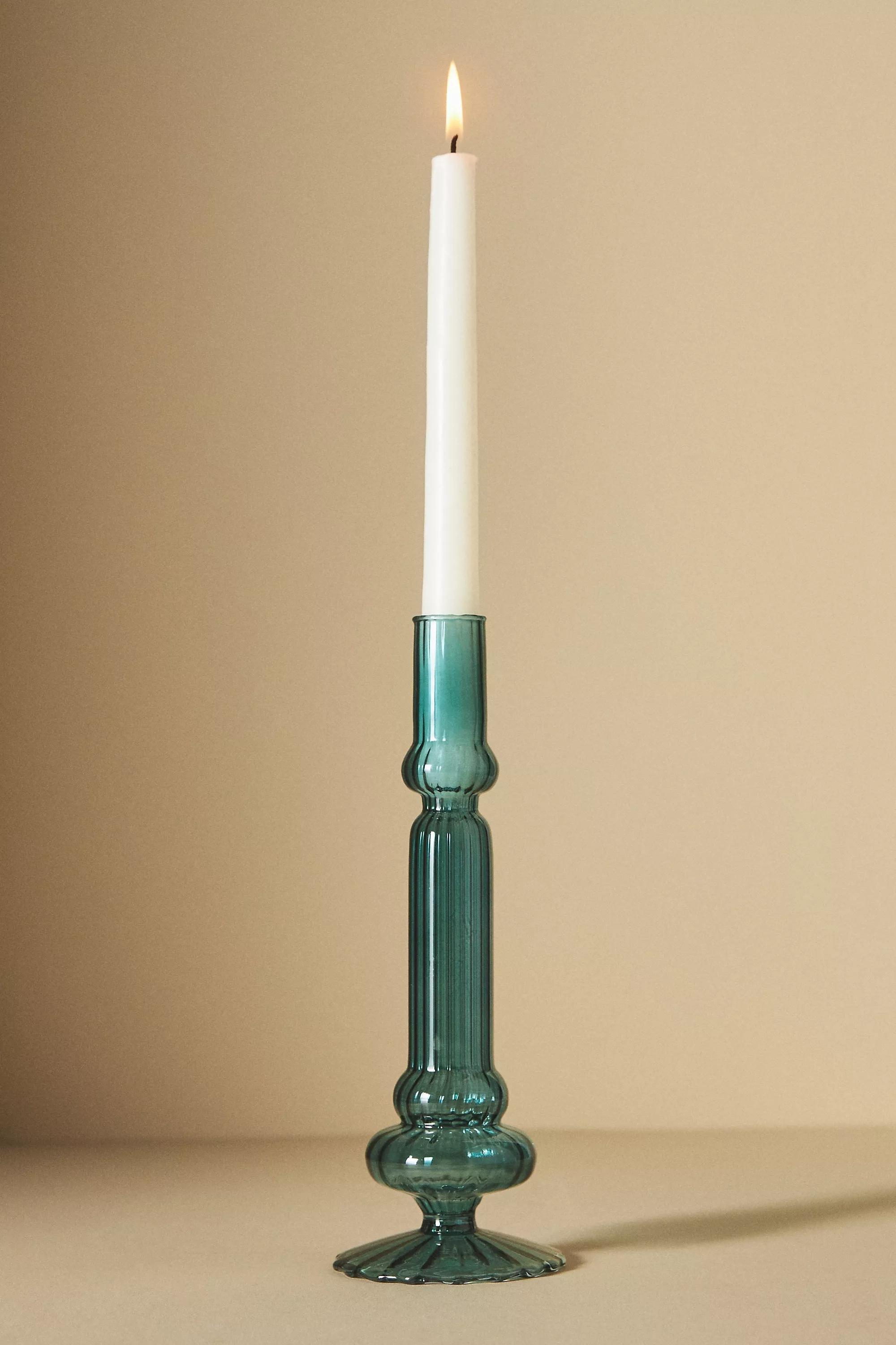 Ribbed Glass Candle Holder, Green, , large image number 1