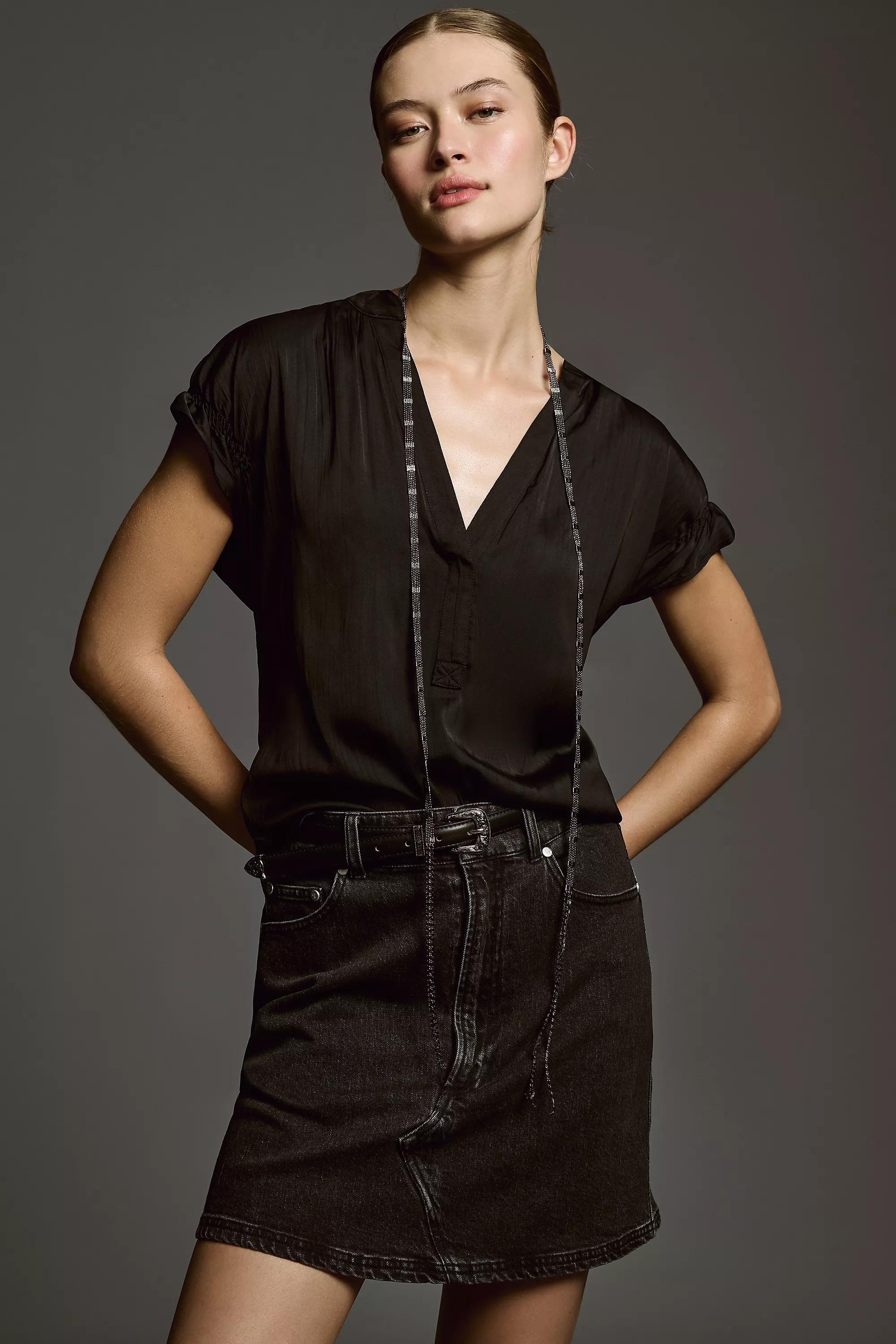 Pilcro Tatum Flutter-Sleeve Henley Blouse, Black, , large image number 0