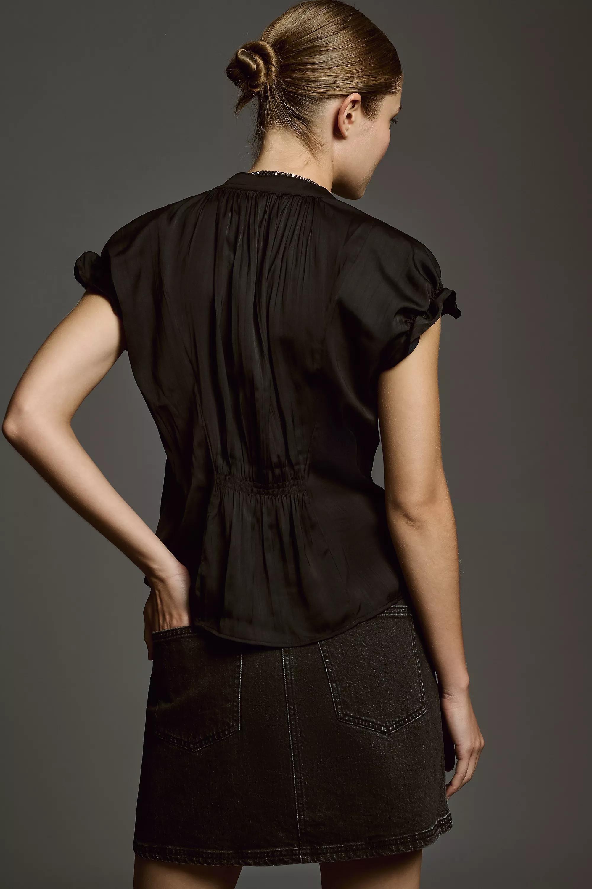 Pilcro Tatum Flutter-Sleeve Henley Blouse, Black, , large image number 1