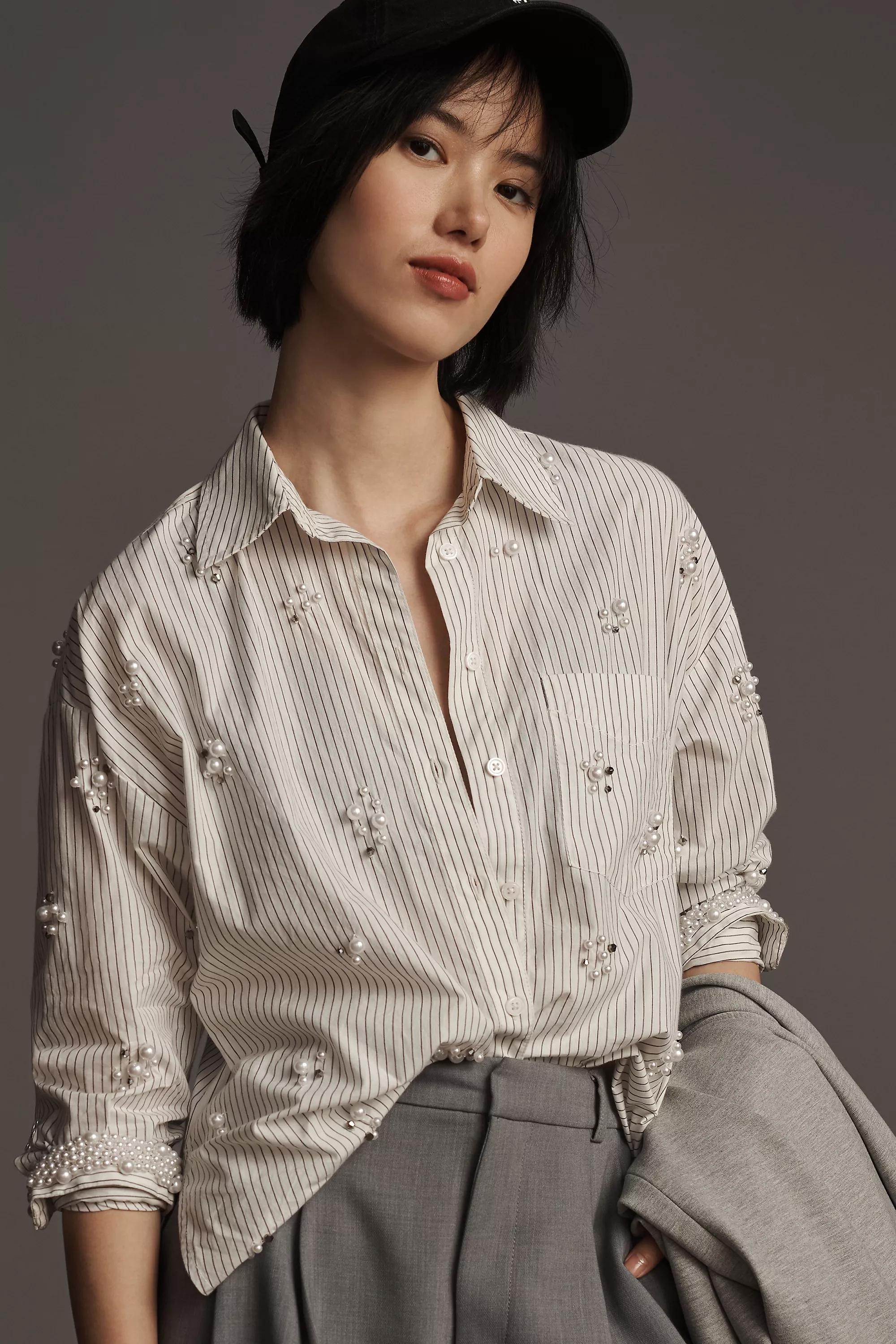 Maeve Button-Down Shirt Pearl-Embellished Edition, Gray, , large image number 0