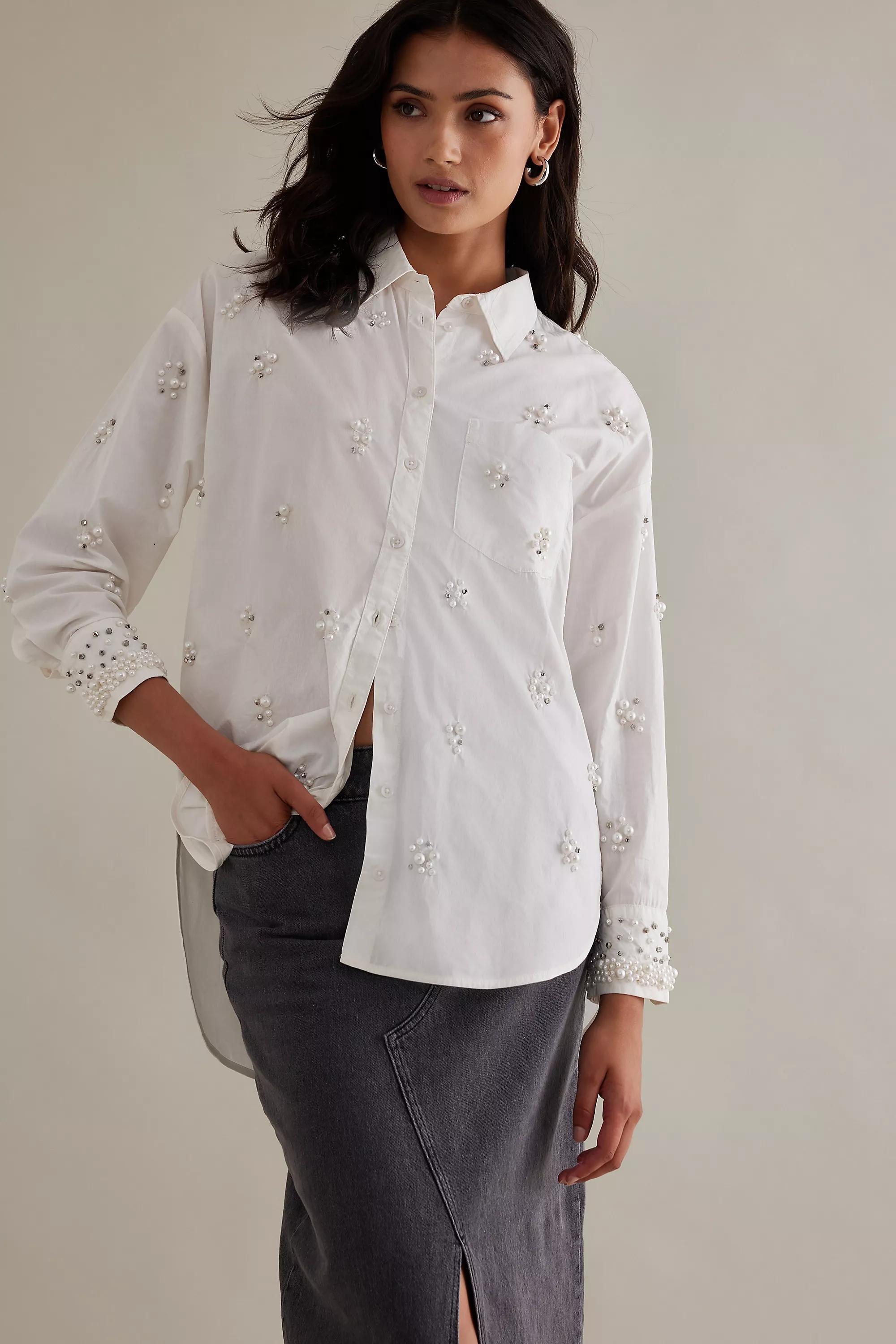 Maeve Button-Down Shirt Pearl-Embellished Edition, White, , large image number 0