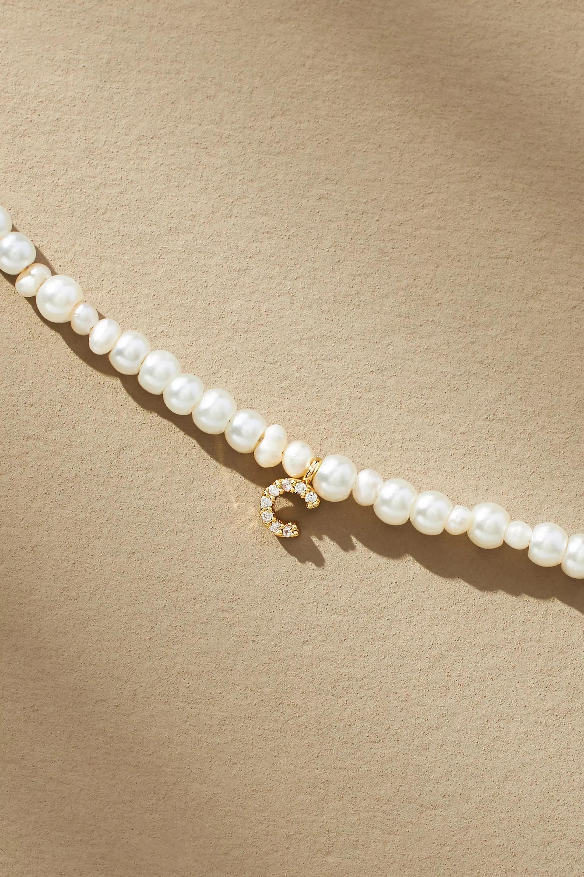 Gold-Plated Pave Monogram Pendant Pearl Necklace, C, A501_0903, large image number 0