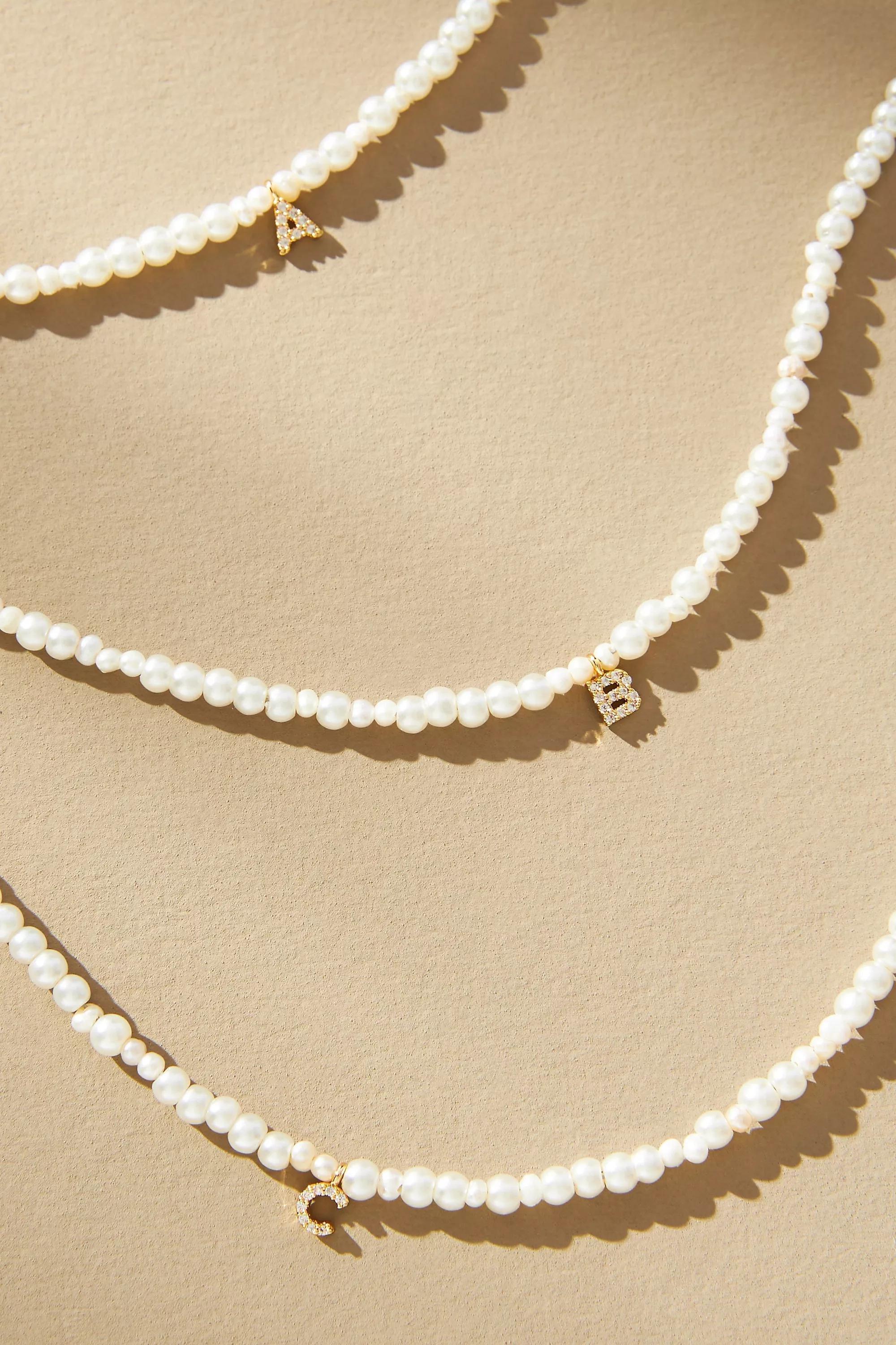 Gold-Plated Pave Monogram Pendant Pearl Necklace, C, A501_0903, large image number 1