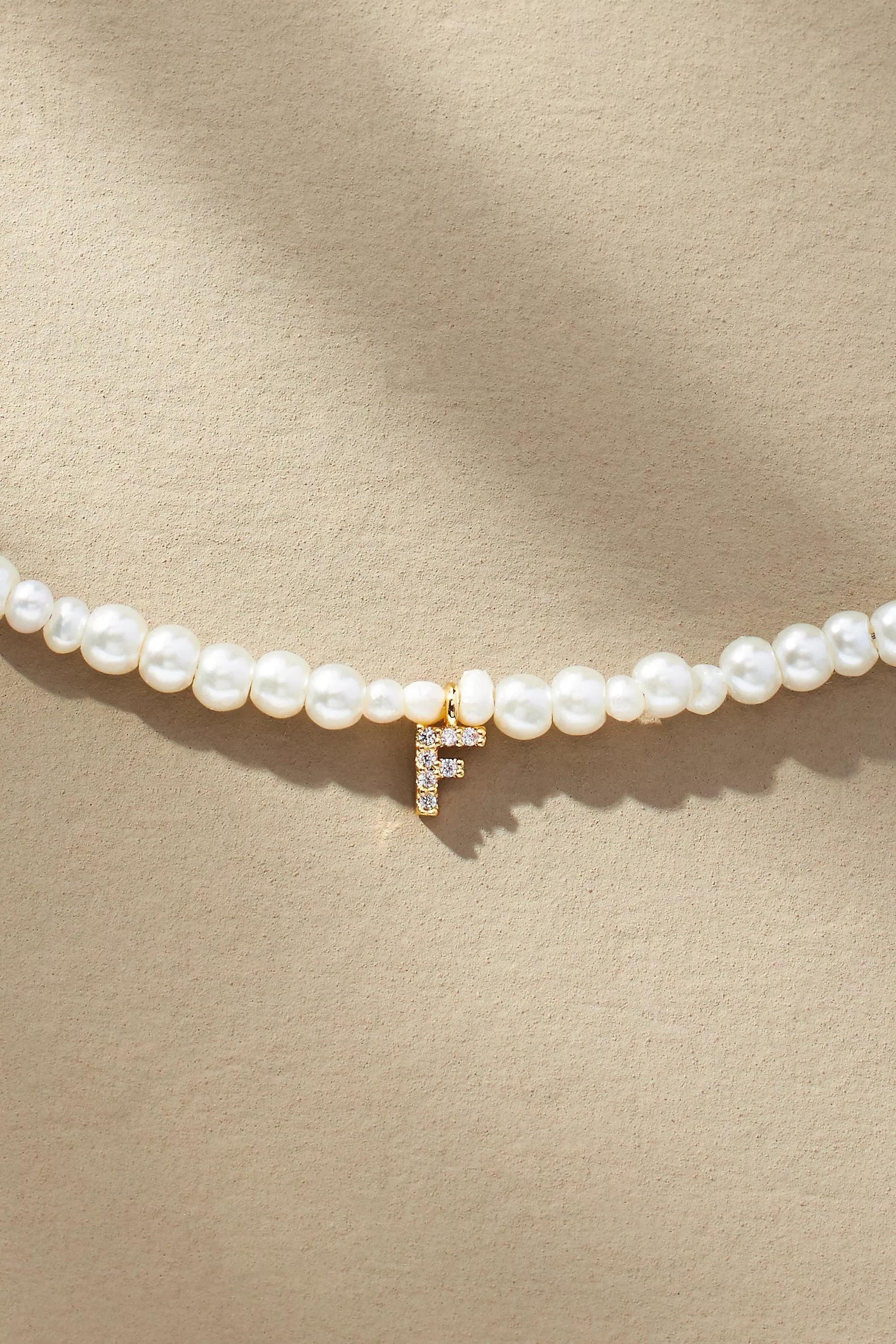 Gold-Plated Pave Monogram Pendant Pearl Necklace, F, A501_0906, large image number 0