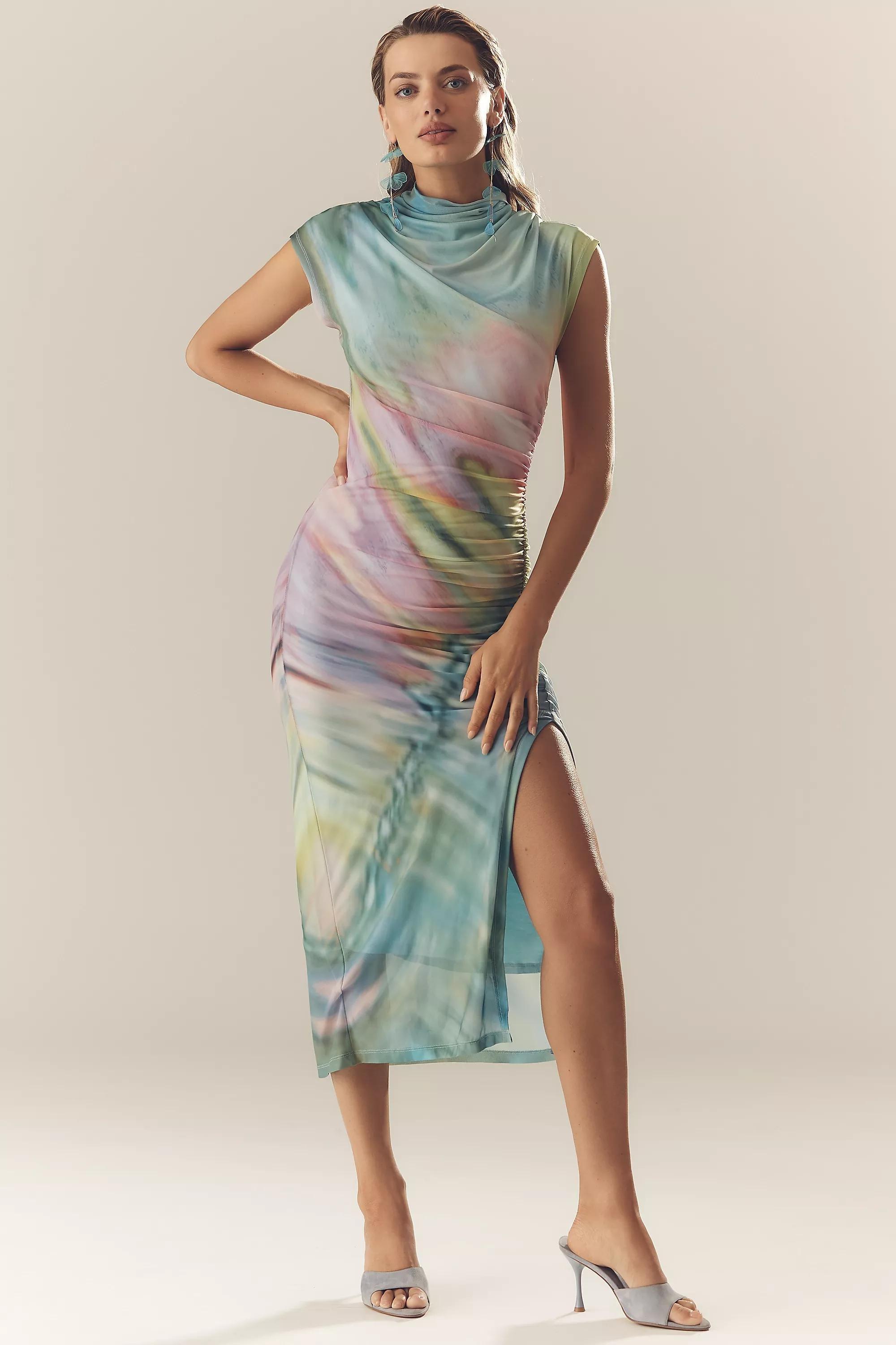 GREEN PATTERN The Maya Ruched Cowl-Neck Dress: Mesh Edition, A501_0038, large image number 0