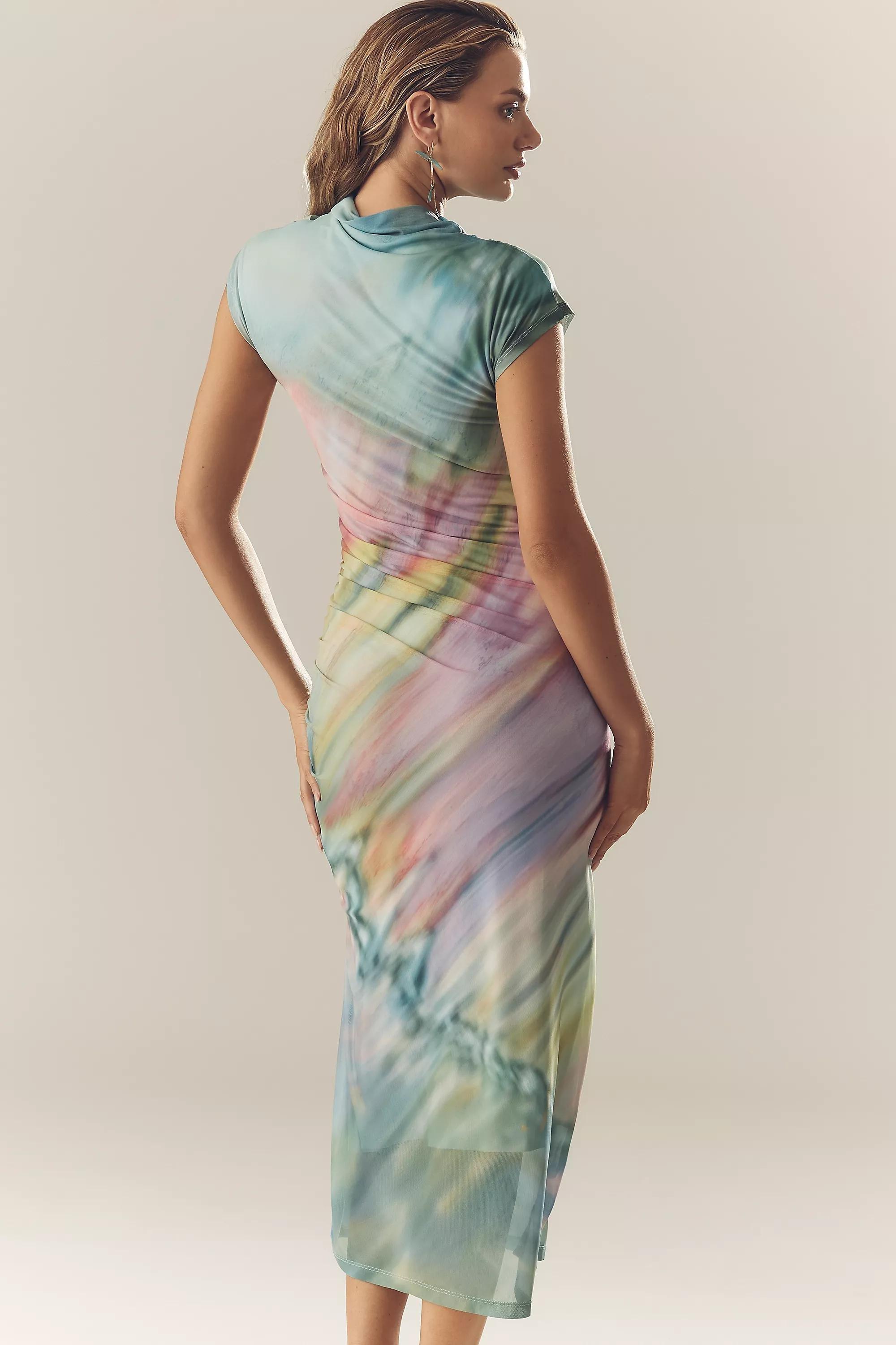 GREEN PATTERN The Maya Ruched Cowl-Neck Dress: Mesh Edition, A501_0038, large image number 1