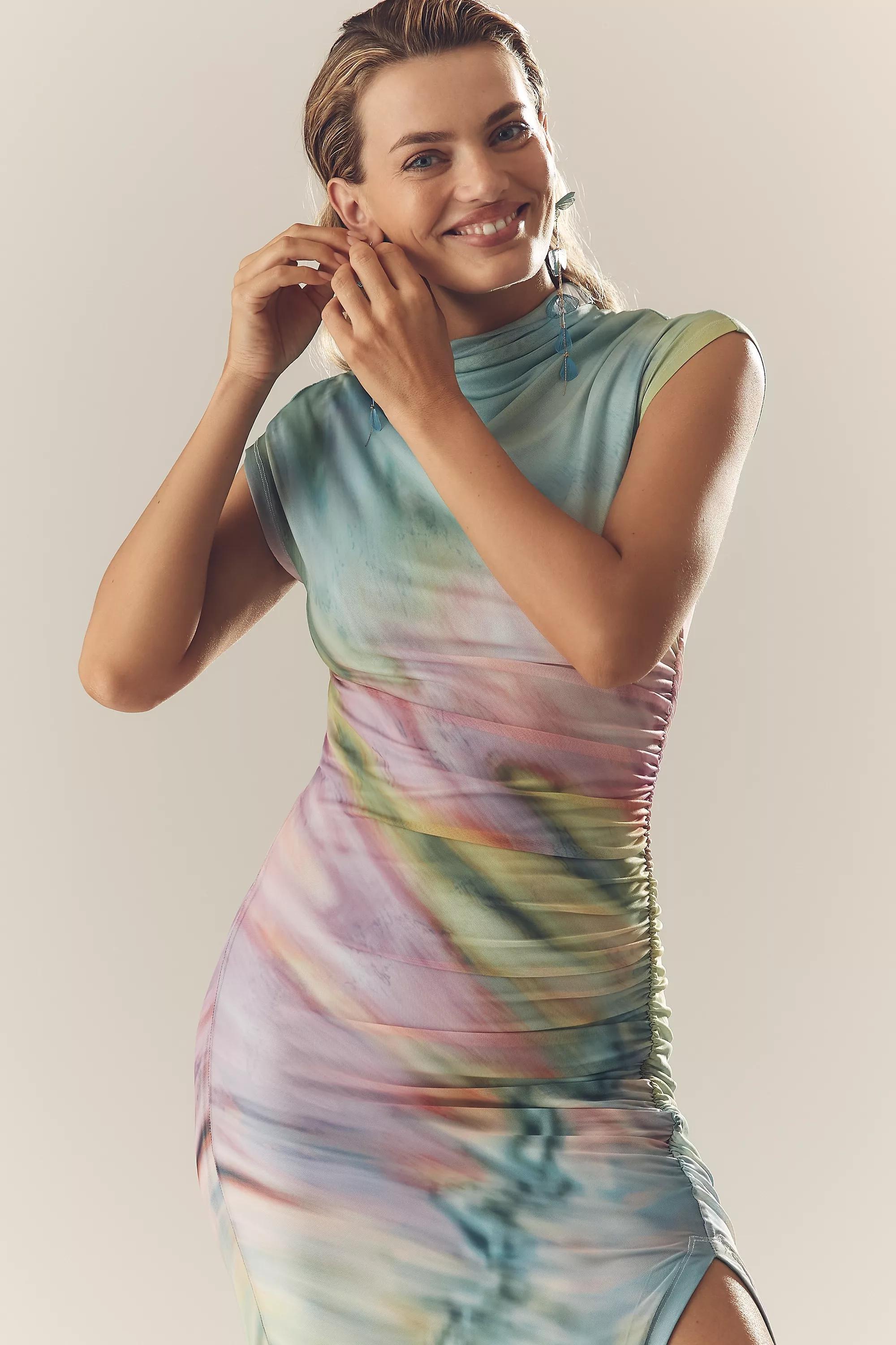 GREEN PATTERN The Maya Ruched Cowl-Neck Dress: Mesh Edition, A501_0038, large image number 3