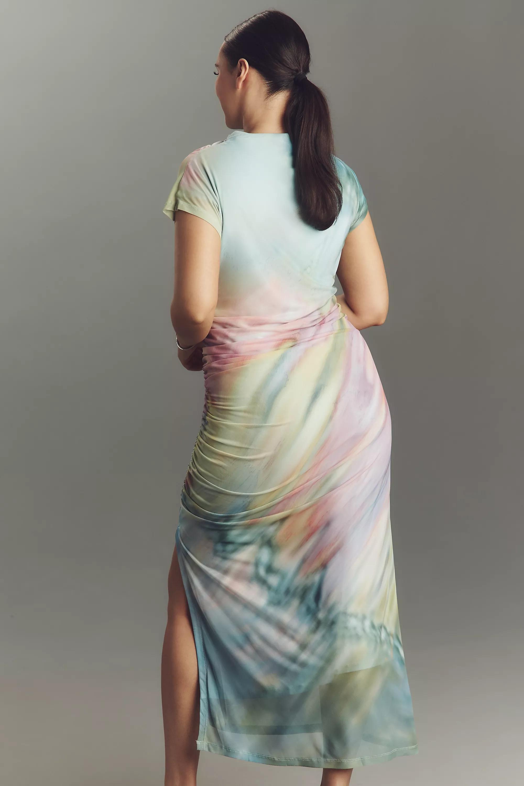 GREEN PATTERN The Maya Ruched Cowl-Neck Dress: Mesh Edition, A501_0038, large image number 5