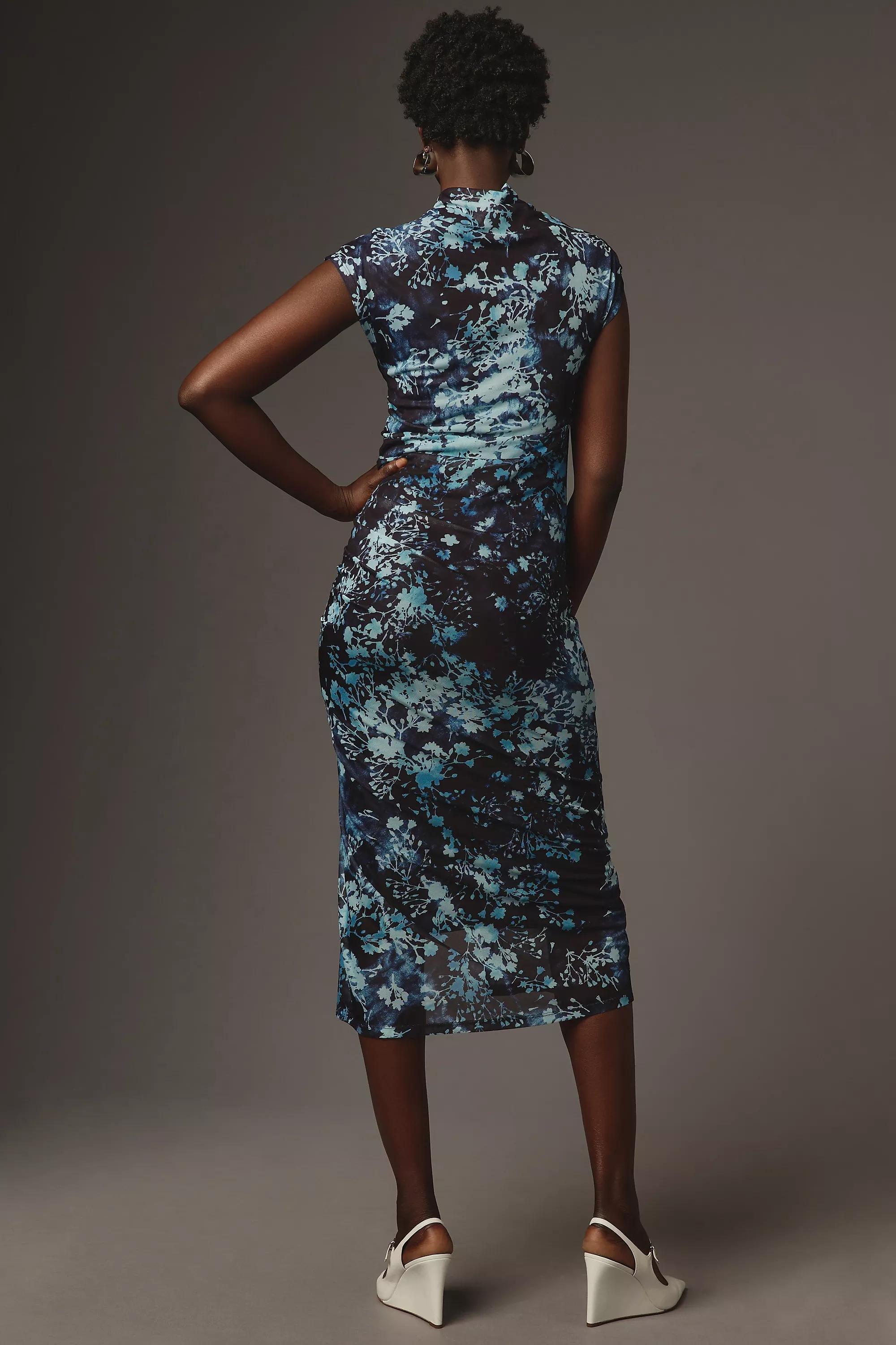 The Maya Ruched Cowl-Neck Dress: Mesh Edition, Black, , large image number 3