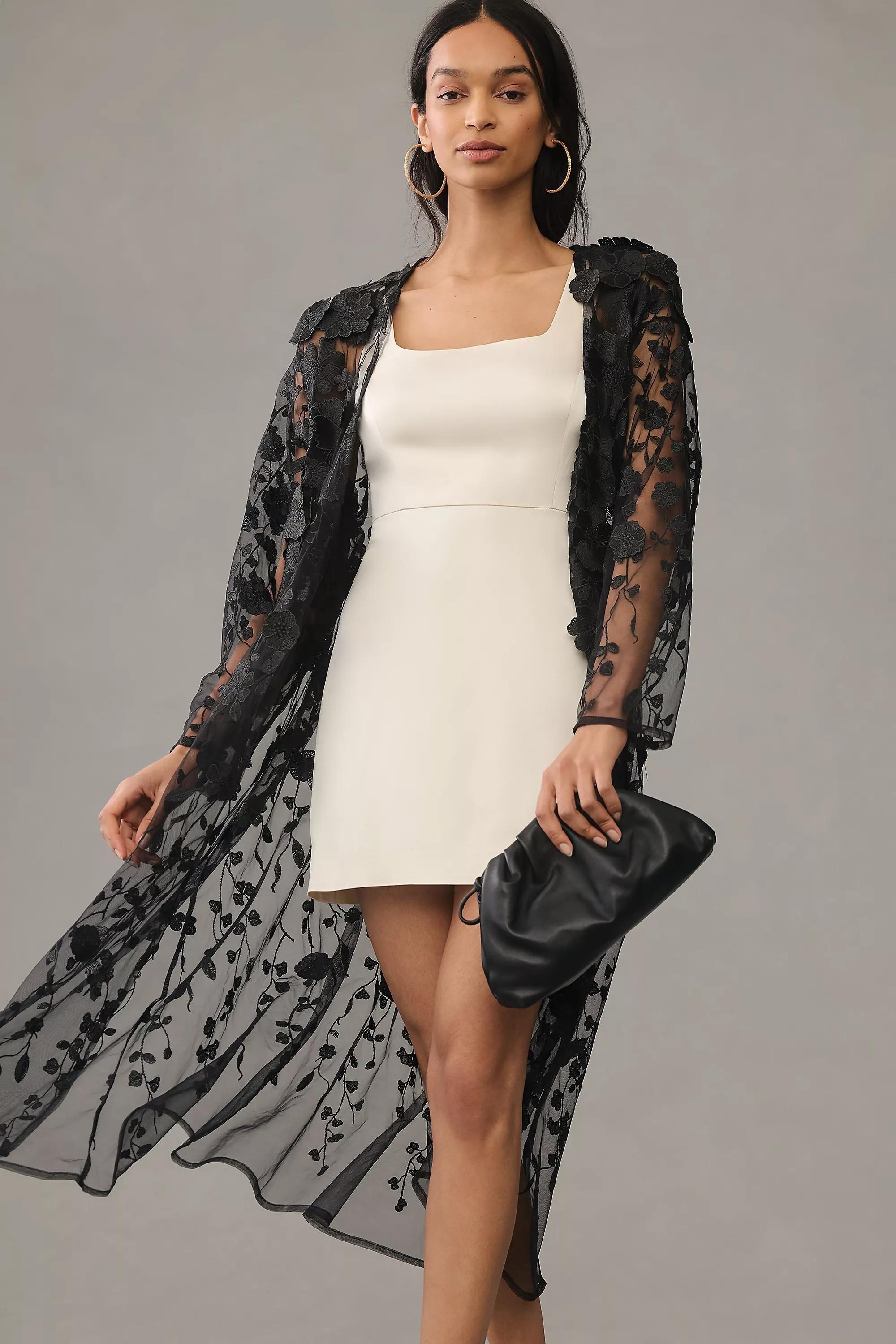 Sheer 3D Floral Applique Kimono, Black, A501_0001, large image number 0