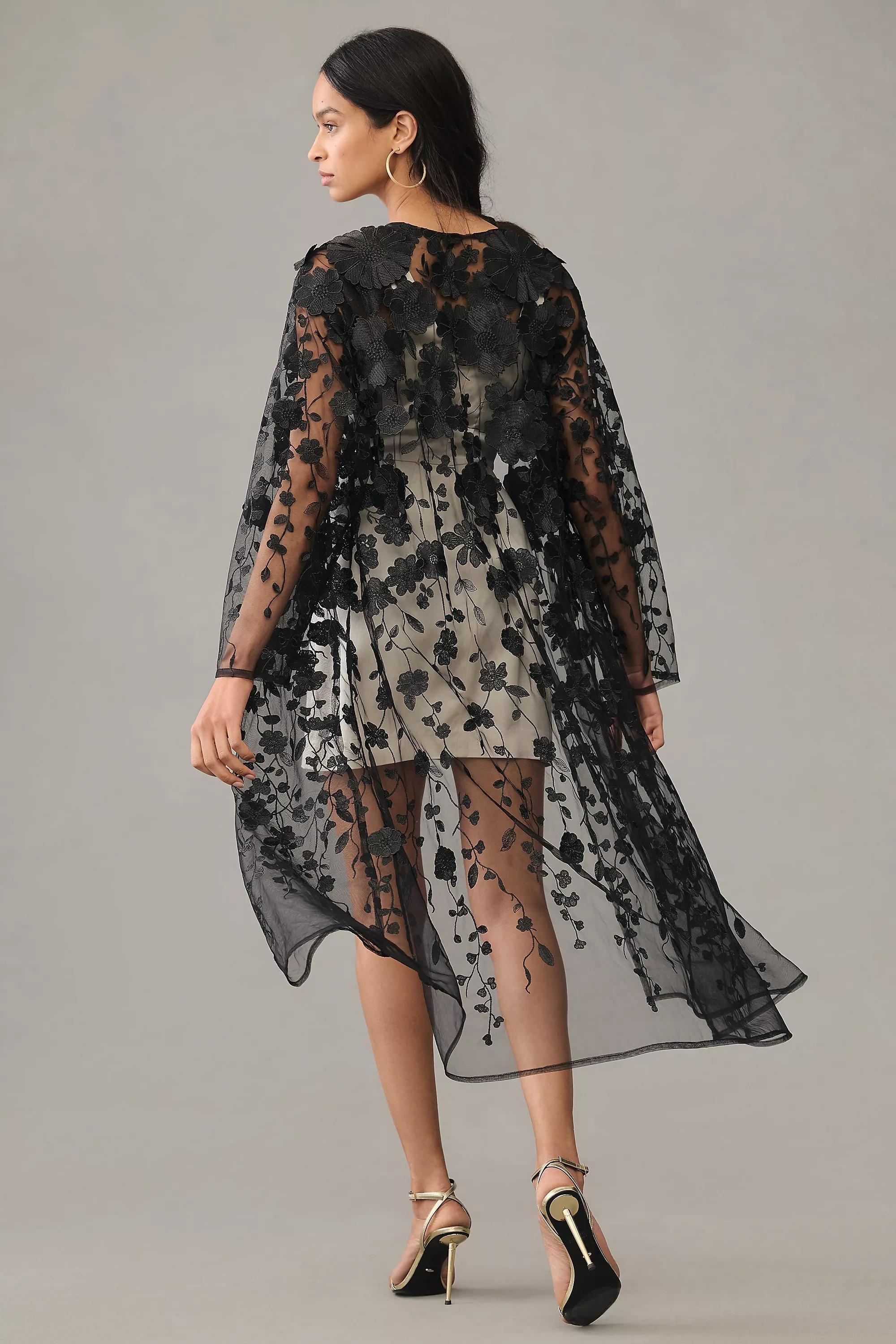 Sheer 3D Floral Applique Kimono, Black, A501_0001, large image number 2