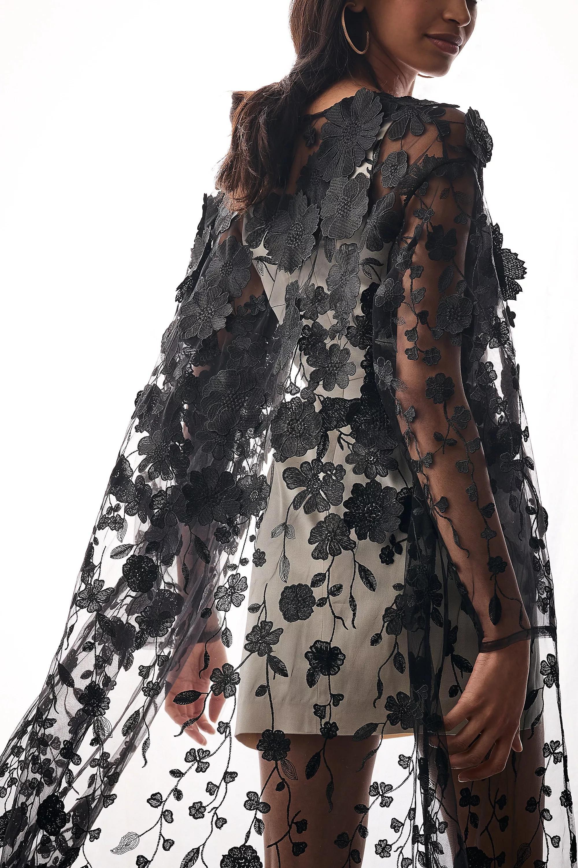 Sheer 3D Floral Applique Kimono, Black, A501_0001, large image number 3