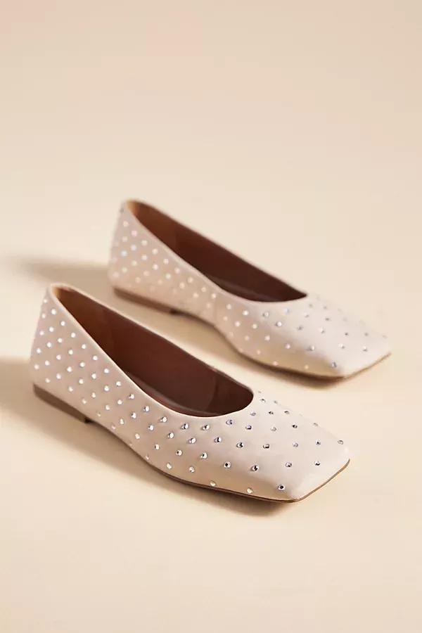 Square-Toe Embellished Leather Ballet Flats, Beige, , large image number 0